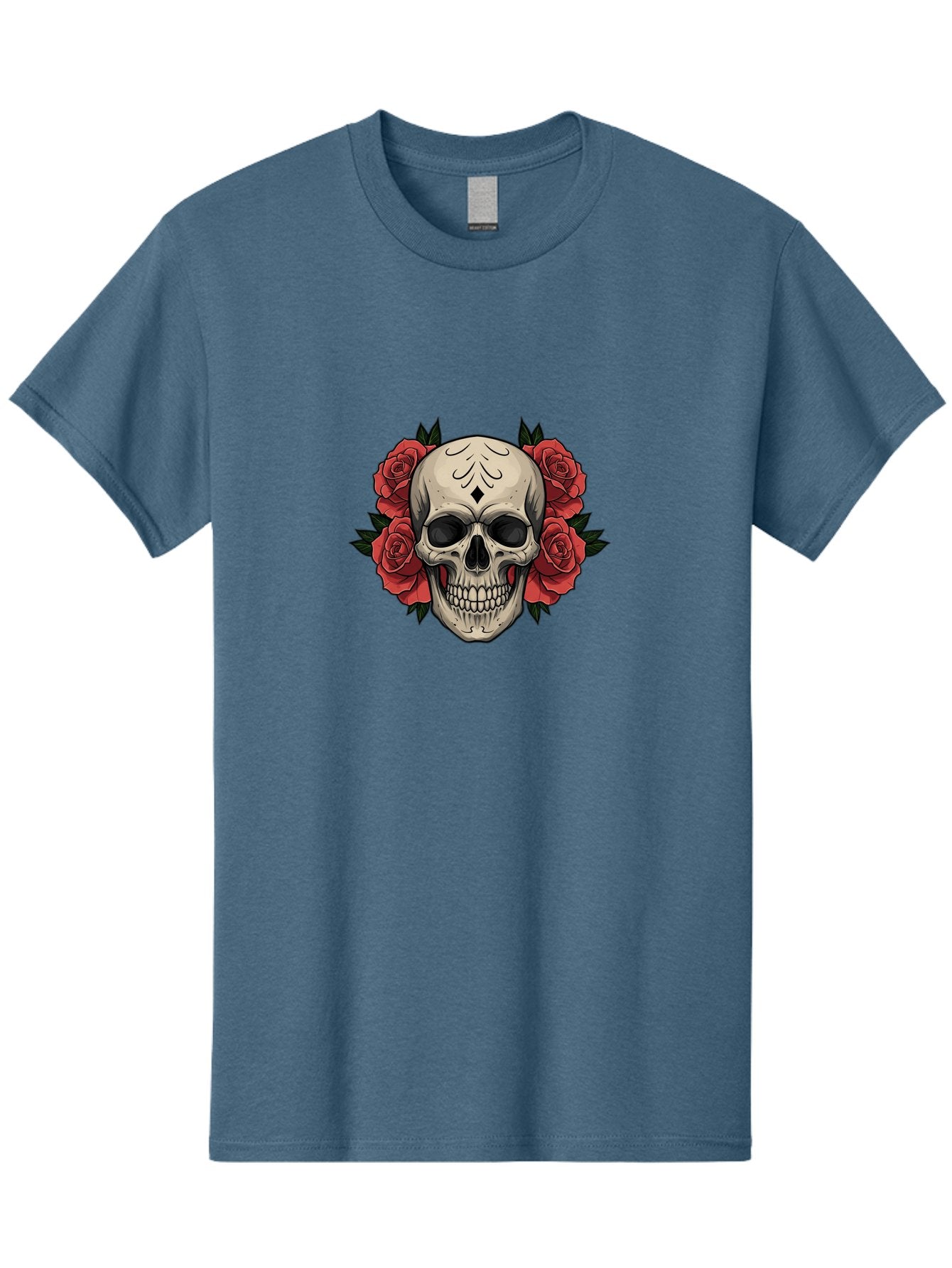 Skull-With-Roses-2 Men'S Graphic Tee, 100% Cotton, Comfortable Casual Summer Wear, Machine Washable, Skull Illustration, Red Roses, Sugar Skull, Floral Design, Gothic Art, Day Of The Dead, Tattoo Art, Skull With Flowers Bad615 15