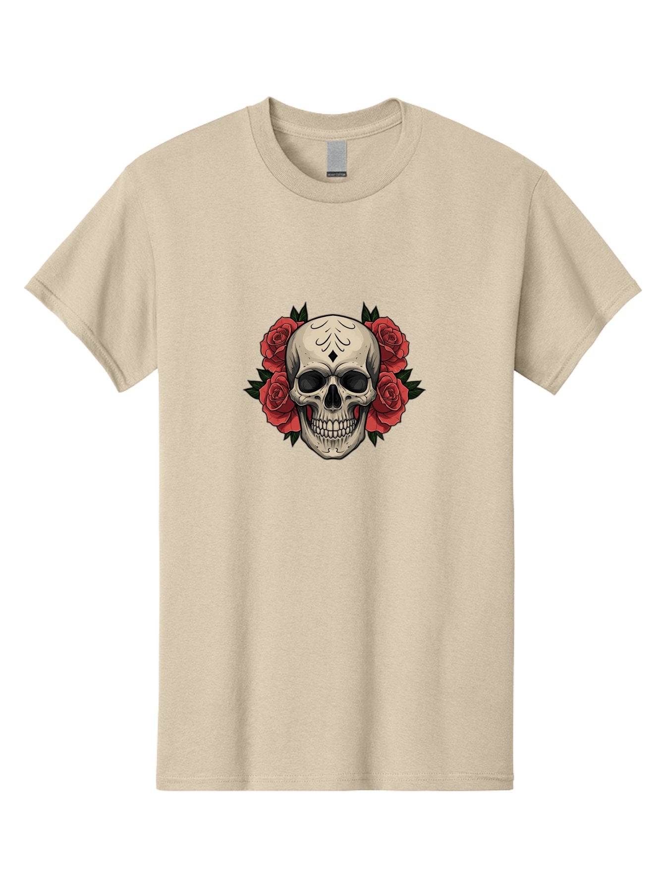 Skull-With-Roses-2 Men'S Graphic Tee, 100% Cotton, Comfortable Casual Summer Wear, Machine Washable, Skull Illustration, Red Roses, Sugar Skull, Floral Design, Gothic Art, Day Of The Dead, Tattoo Art, Skull With Flowers Bad615 5