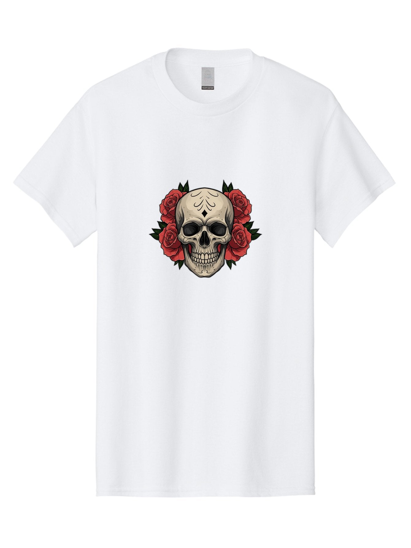 Skull-With-Roses-2 Men'S Graphic Tee, 100% Cotton, Comfortable Casual Summer Wear, Machine Washable, Skull Illustration, Red Roses, Sugar Skull, Floral Design, Gothic Art, Day Of The Dead, Tattoo Art, Skull With Flowers Bad615 6