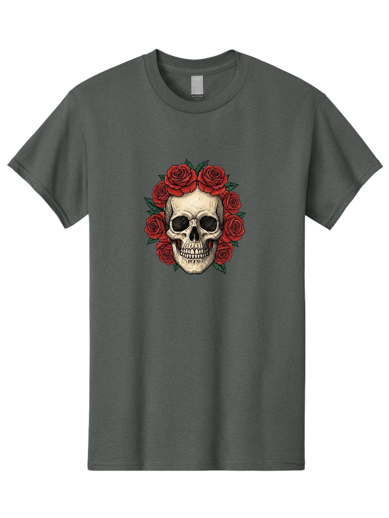Skull-With-Roses-3 Men'S Graphic Tee, 100% Cotton, Comfortable Casual Summer Wear, Machine Washable, Skull With Red Roses, Sugar Skull, Day Of The Dead, Floral Wreath, Gothic Romance, Dark Art, Vintage Illustration, Red Roses, Tattoo Art Bad616 3