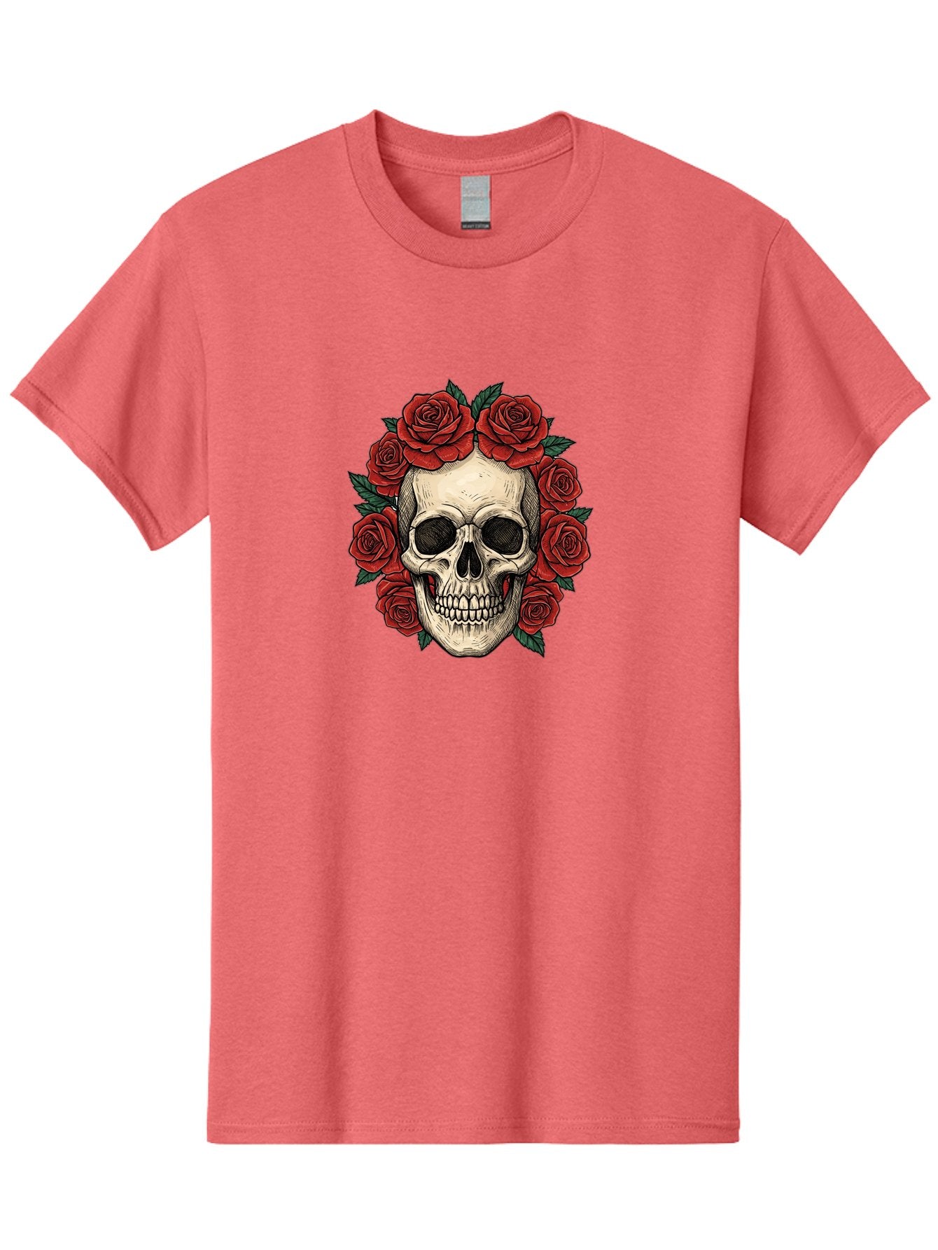 Skull-With-Roses-3 Men'S Graphic Tee, 100% Cotton, Comfortable Casual Summer Wear, Machine Washable, Skull With Red Roses, Sugar Skull, Day Of The Dead, Floral Wreath, Gothic Romance, Dark Art, Vintage Illustration, Red Roses, Tattoo Art Bad616 8