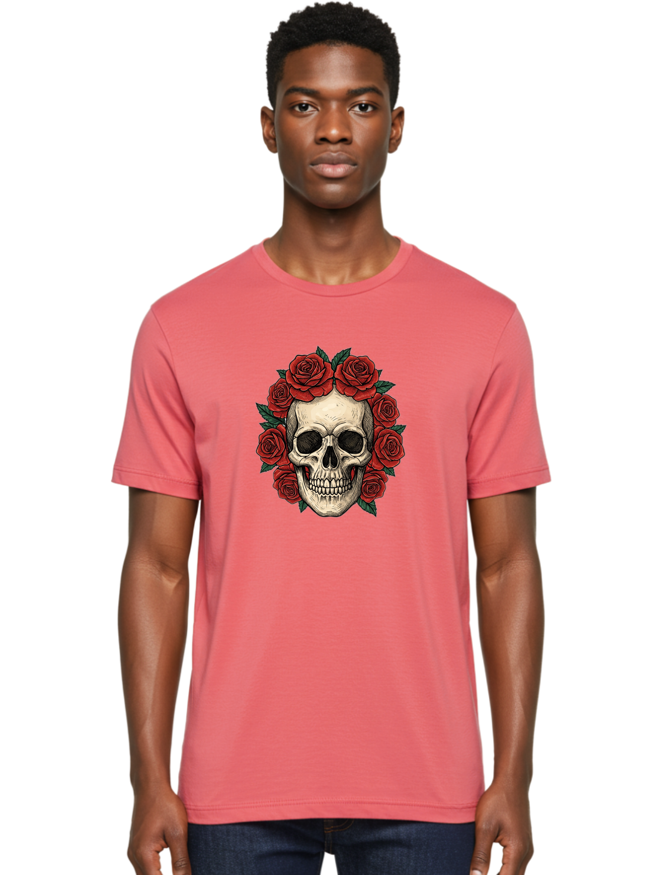 Skull-With-Roses-3 Men'S Graphic Tee, 100% Cotton, Comfortable Casual Summer Wear, Machine Washable, Skull With Red Roses, Sugar Skull, Day Of The Dead, Floral Wreath, Gothic Romance, Dark Art, Vintage Illustration, Red Roses, Tattoo Art Bad616 21