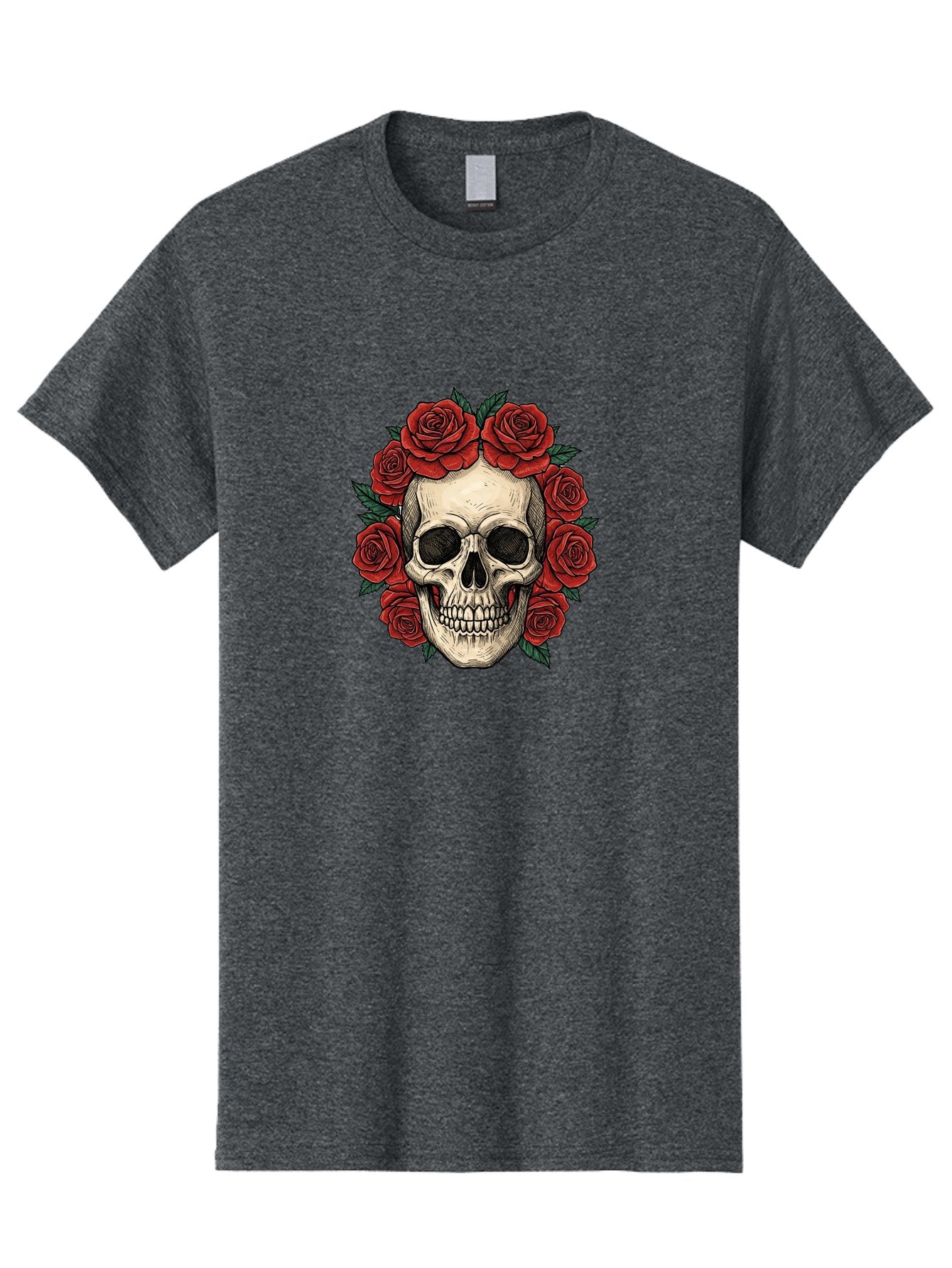 Skull-With-Roses-3 Men'S Graphic Tee, 100% Cotton, Comfortable Casual Summer Wear, Machine Washable, Skull With Red Roses, Sugar Skull, Day Of The Dead, Floral Wreath, Gothic Romance, Dark Art, Vintage Illustration, Red Roses, Tattoo Art Bad616 4