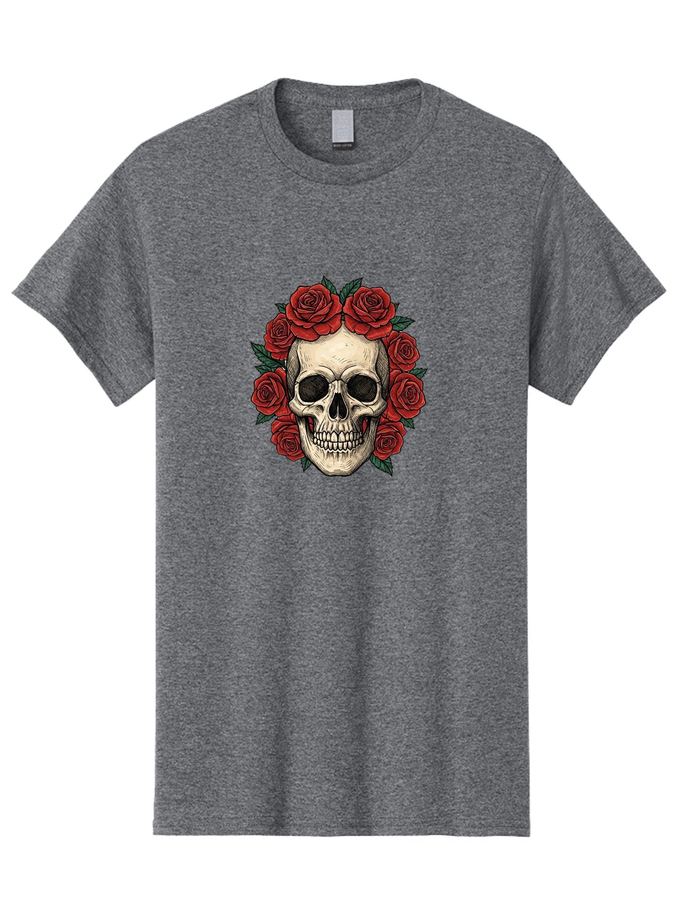 Skull-With-Roses-3 Men'S Graphic Tee, 100% Cotton, Comfortable Casual Summer Wear, Machine Washable, Skull With Red Roses, Sugar Skull, Day Of The Dead, Floral Wreath, Gothic Romance, Dark Art, Vintage Illustration, Red Roses, Tattoo Art Bad616 9