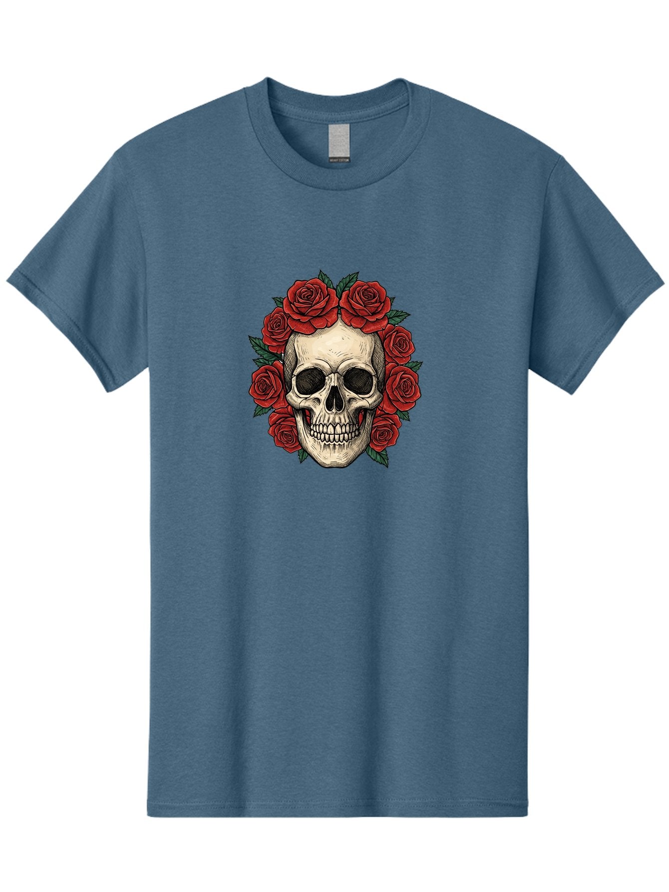 Skull-With-Roses-3 Men'S Graphic Tee, 100% Cotton, Comfortable Casual Summer Wear, Machine Washable, Skull With Red Roses, Sugar Skull, Day Of The Dead, Floral Wreath, Gothic Romance, Dark Art, Vintage Illustration, Red Roses, Tattoo Art Bad616 12