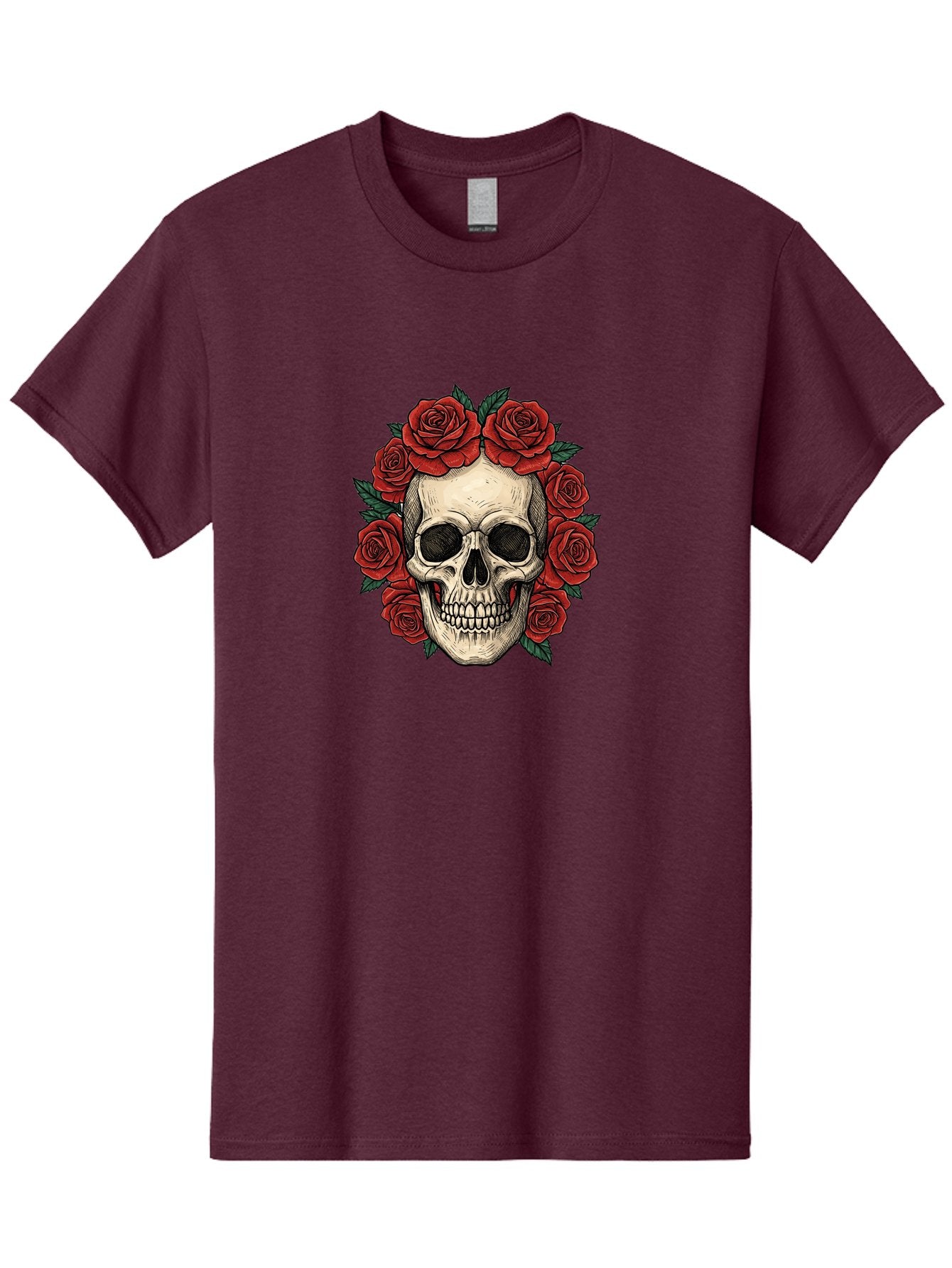 Skull-With-Roses-3 Men'S Graphic Tee, 100% Cotton, Comfortable Casual Summer Wear, Machine Washable, Skull With Red Roses, Sugar Skull, Day Of The Dead, Floral Wreath, Gothic Romance, Dark Art, Vintage Illustration, Red Roses, Tattoo Art Bad616 6
