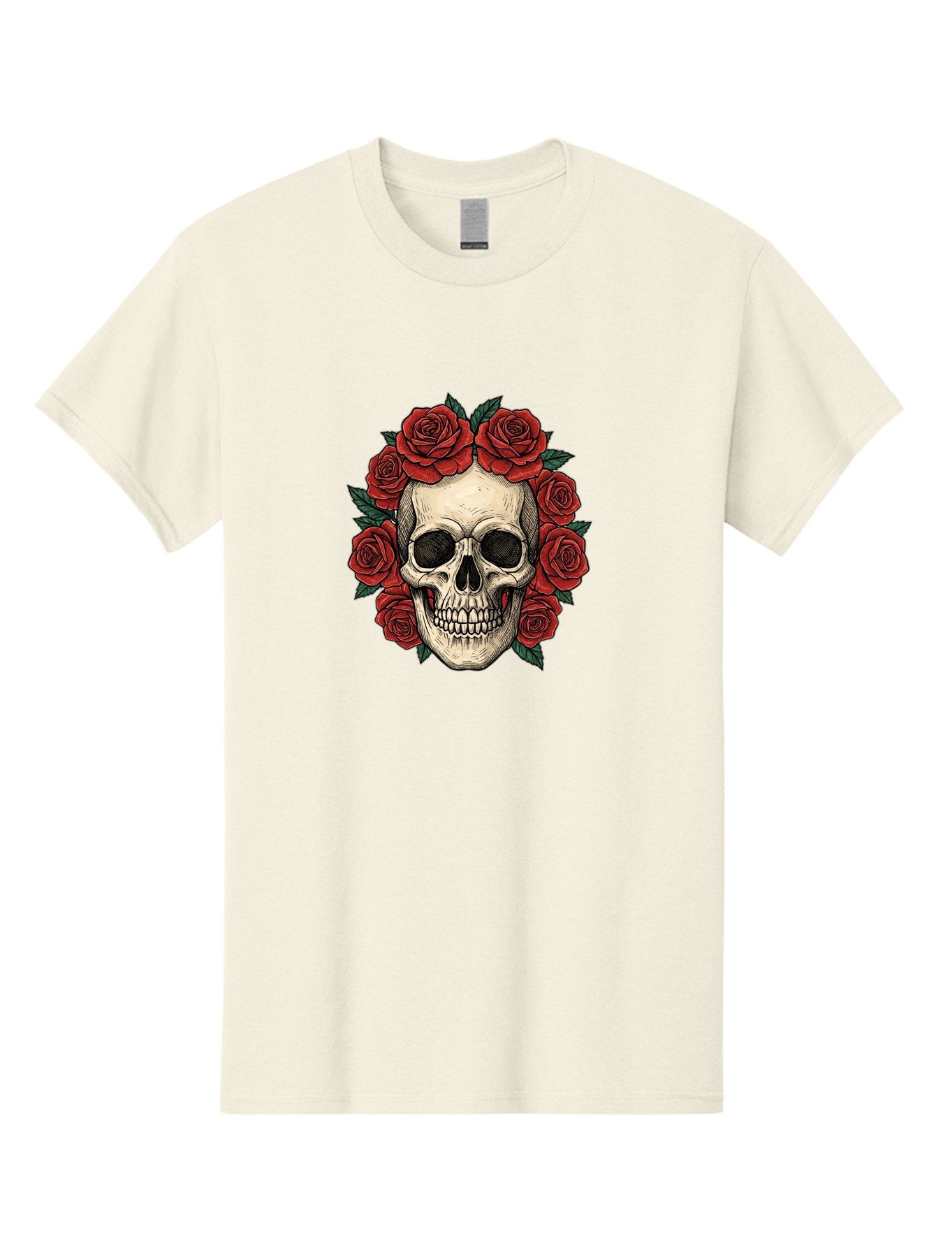Skull-With-Roses-3 Men'S Graphic Tee, 100% Cotton, Comfortable Casual Summer Wear, Machine Washable, Skull With Red Roses, Sugar Skull, Day Of The Dead, Floral Wreath, Gothic Romance, Dark Art, Vintage Illustration, Red Roses, Tattoo Art Bad616 10