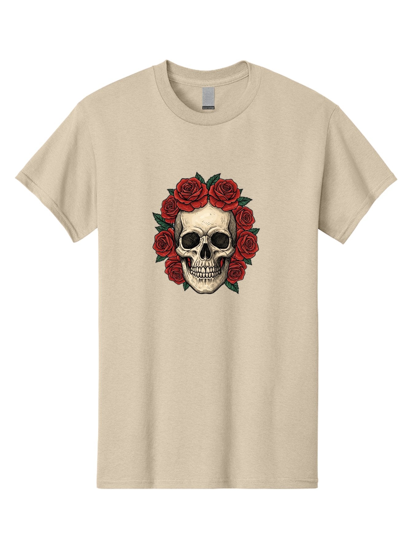 Skull-With-Roses-3 Men'S Graphic Tee, 100% Cotton, Comfortable Casual Summer Wear, Machine Washable, Skull With Red Roses, Sugar Skull, Day Of The Dead, Floral Wreath, Gothic Romance, Dark Art, Vintage Illustration, Red Roses, Tattoo Art Bad616 7