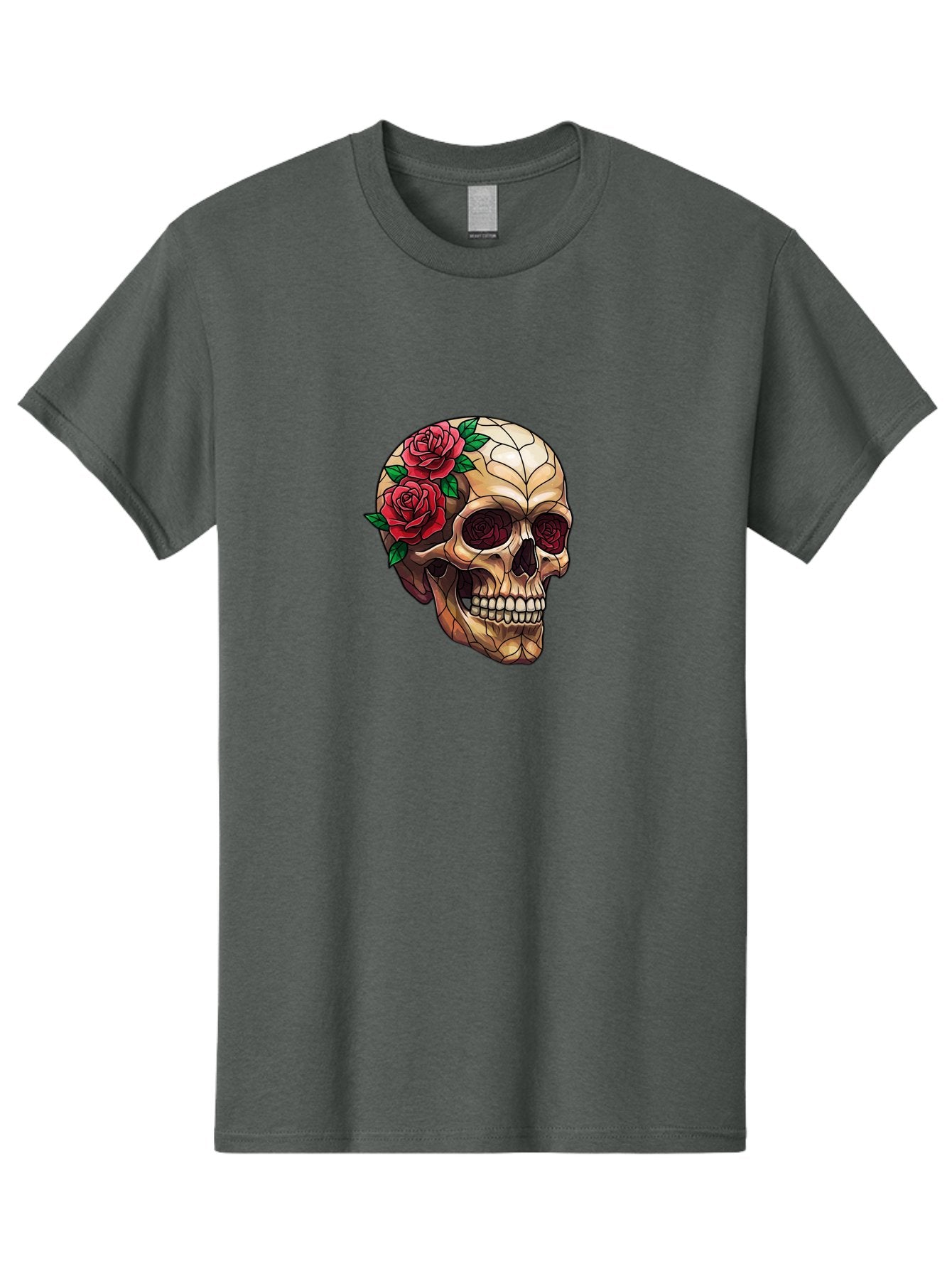 Skull-With-Roses-4 Men'S Graphic Tee, 100% Cotton, Comfortable Casual Summer Wear, Machine Washable, Human Skull, Sugar Skull, Red Roses, Floral Design, Stained Glass Effect, Gothic Style, Tattoo Art, Rose Eyes, Death And Beauty, Floral Skull Bad617 3