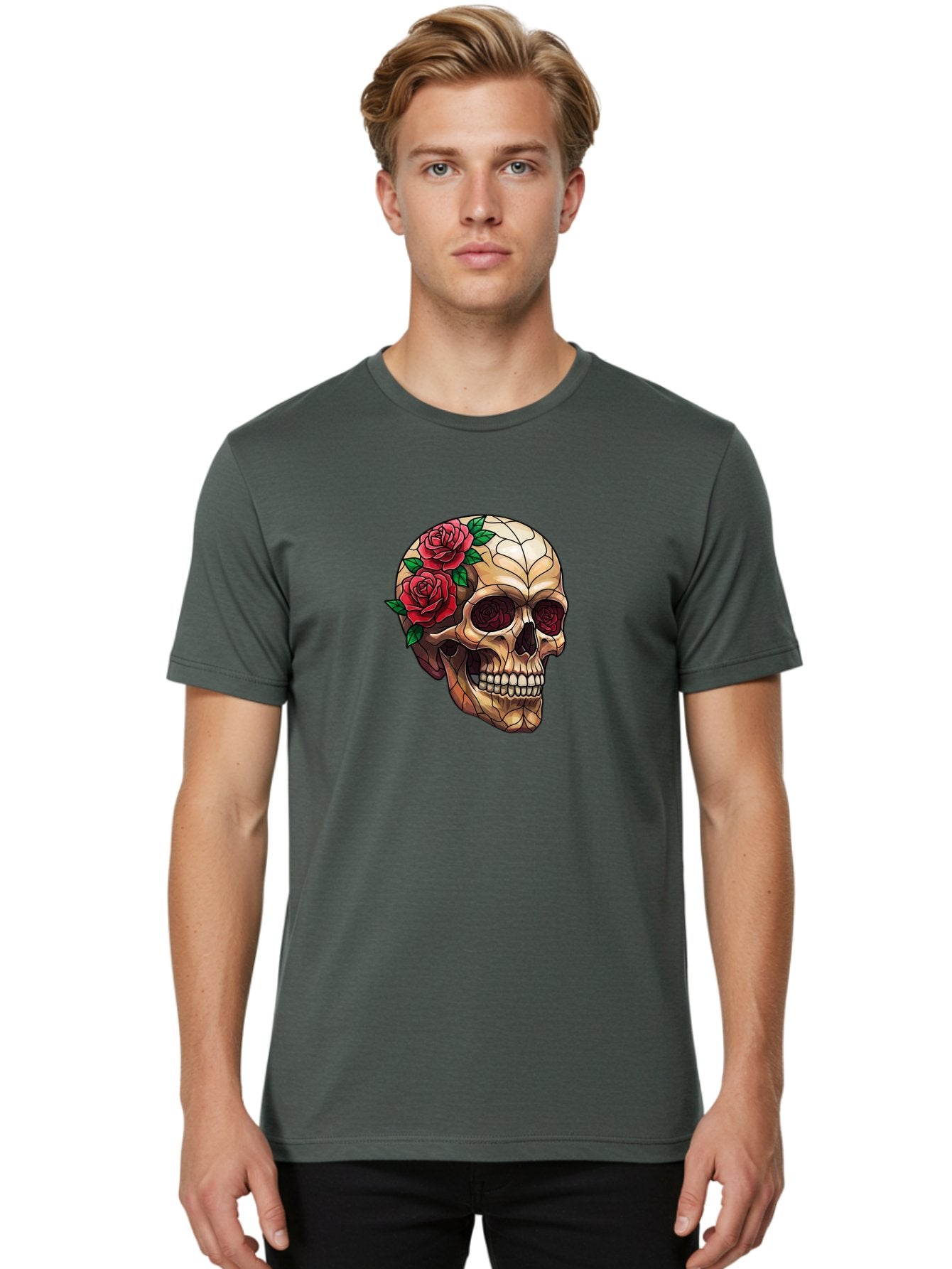 Skull-With-Roses-4 Men'S Graphic Tee, 100% Cotton, Comfortable Casual Summer Wear, Machine Washable, Human Skull, Sugar Skull, Red Roses, Floral Design, Stained Glass Effect, Gothic Style, Tattoo Art, Rose Eyes, Death And Beauty, Floral Skull Bad617 22