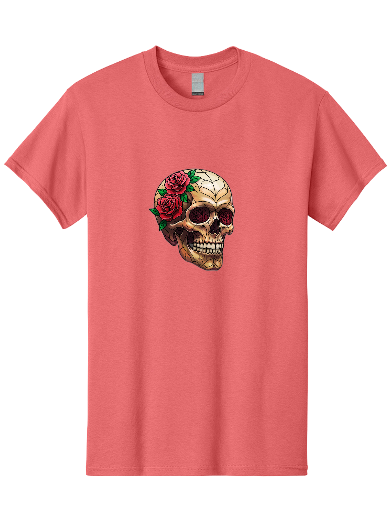 Skull-With-Roses-4 Men'S Graphic Tee, 100% Cotton, Comfortable Casual Summer Wear, Machine Washable, Human Skull, Sugar Skull, Red Roses, Floral Design, Stained Glass Effect, Gothic Style, Tattoo Art, Rose Eyes, Death And Beauty, Floral Skull Bad617