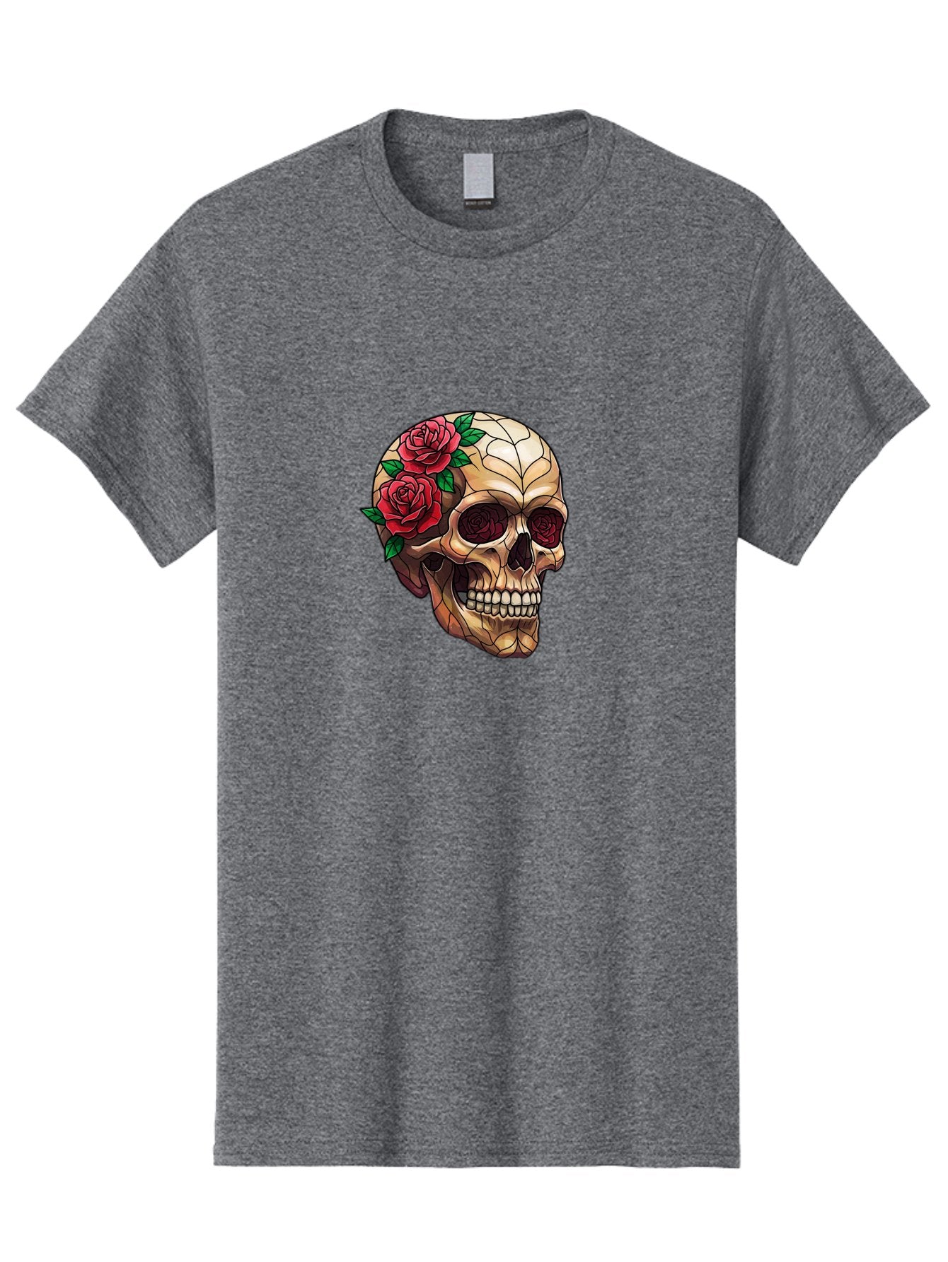 Skull-With-Roses-4 Men'S Graphic Tee, 100% Cotton, Comfortable Casual Summer Wear, Machine Washable, Human Skull, Sugar Skull, Red Roses, Floral Design, Stained Glass Effect, Gothic Style, Tattoo Art, Rose Eyes, Death And Beauty, Floral Skull Bad617 14