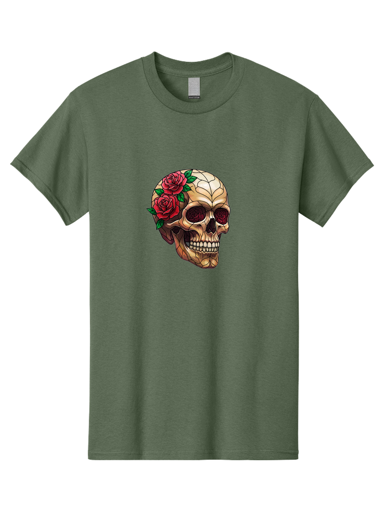 Skull-With-Roses-4 Men'S Graphic Tee, 100% Cotton, Comfortable Casual Summer Wear, Machine Washable, Human Skull, Sugar Skull, Red Roses, Floral Design, Stained Glass Effect, Gothic Style, Tattoo Art, Rose Eyes, Death And Beauty, Floral Skull Bad617 6