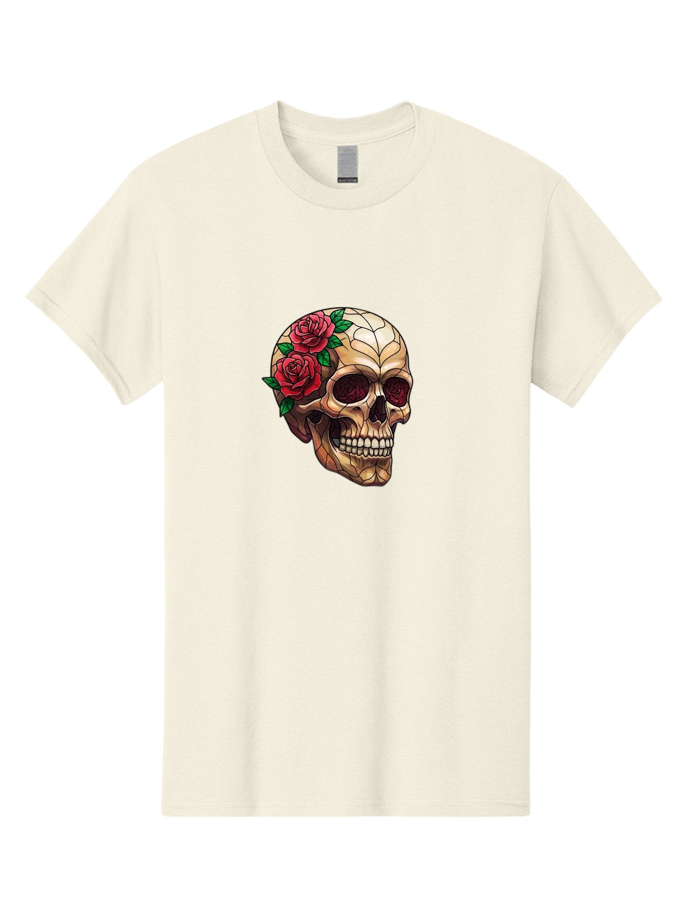 Skull-With-Roses-4 Men'S Graphic Tee, 100% Cotton, Comfortable Casual Summer Wear, Machine Washable, Human Skull, Sugar Skull, Red Roses, Floral Design, Stained Glass Effect, Gothic Style, Tattoo Art, Rose Eyes, Death And Beauty, Floral Skull Bad617 10