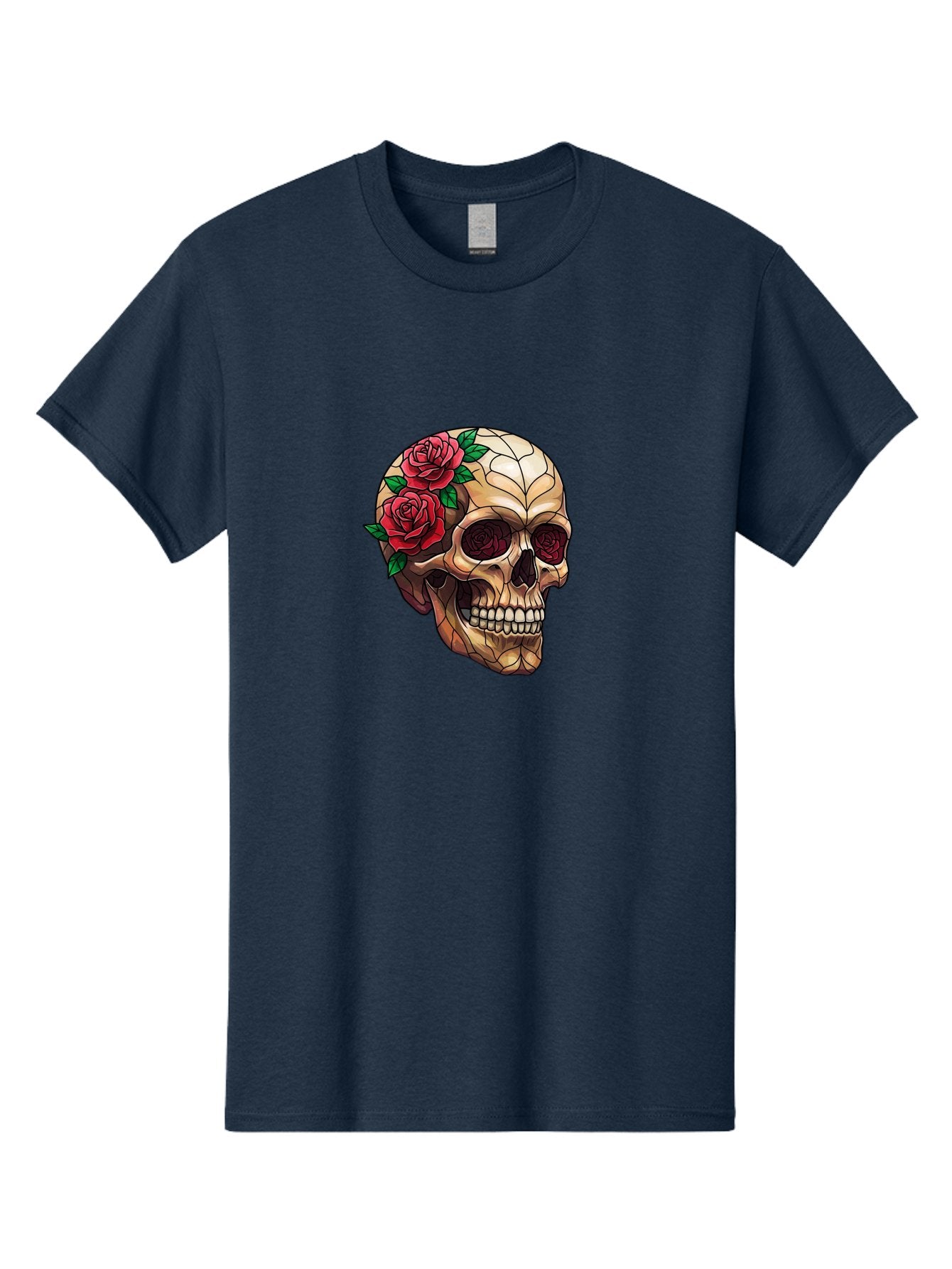 Skull-With-Roses-4 Men'S Graphic Tee, 100% Cotton, Comfortable Casual Summer Wear, Machine Washable, Human Skull, Sugar Skull, Red Roses, Floral Design, Stained Glass Effect, Gothic Style, Tattoo Art, Rose Eyes, Death And Beauty, Floral Skull Bad617 13
