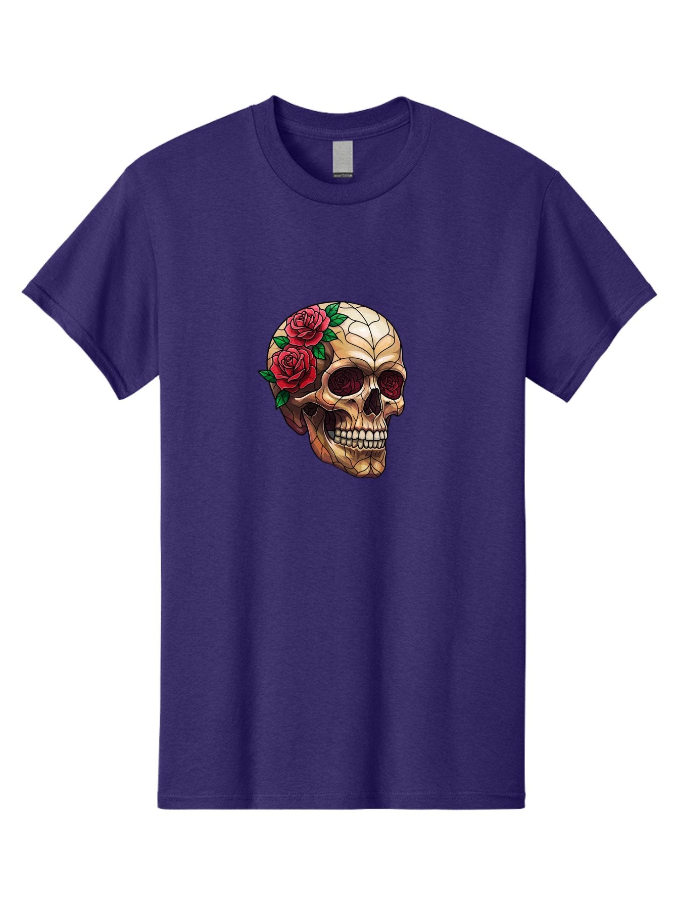 Skull-With-Roses-4 Men'S Graphic Tee, 100% Cotton, Comfortable Casual Summer Wear, Machine Washable, Human Skull, Sugar Skull, Red Roses, Floral Design, Stained Glass Effect, Gothic Style, Tattoo Art, Rose Eyes, Death And Beauty, Floral Skull Bad617