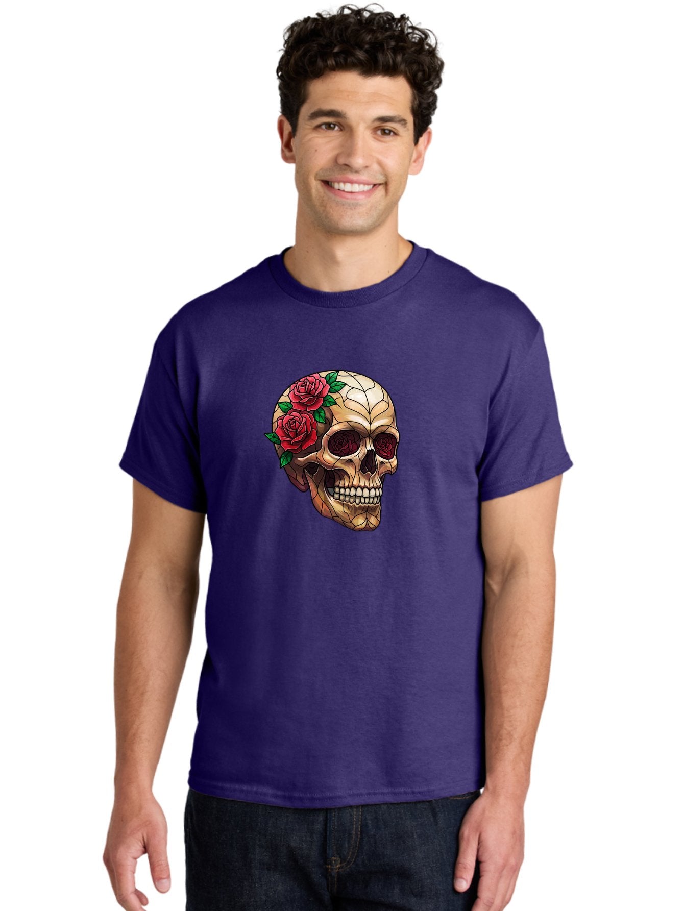 Skull-With-Roses-4 Men'S Graphic Tee, 100% Cotton, Comfortable Casual Summer Wear, Machine Washable, Human Skull, Sugar Skull, Red Roses, Floral Design, Stained Glass Effect, Gothic Style, Tattoo Art, Rose Eyes, Death And Beauty, Floral Skull Bad617 21