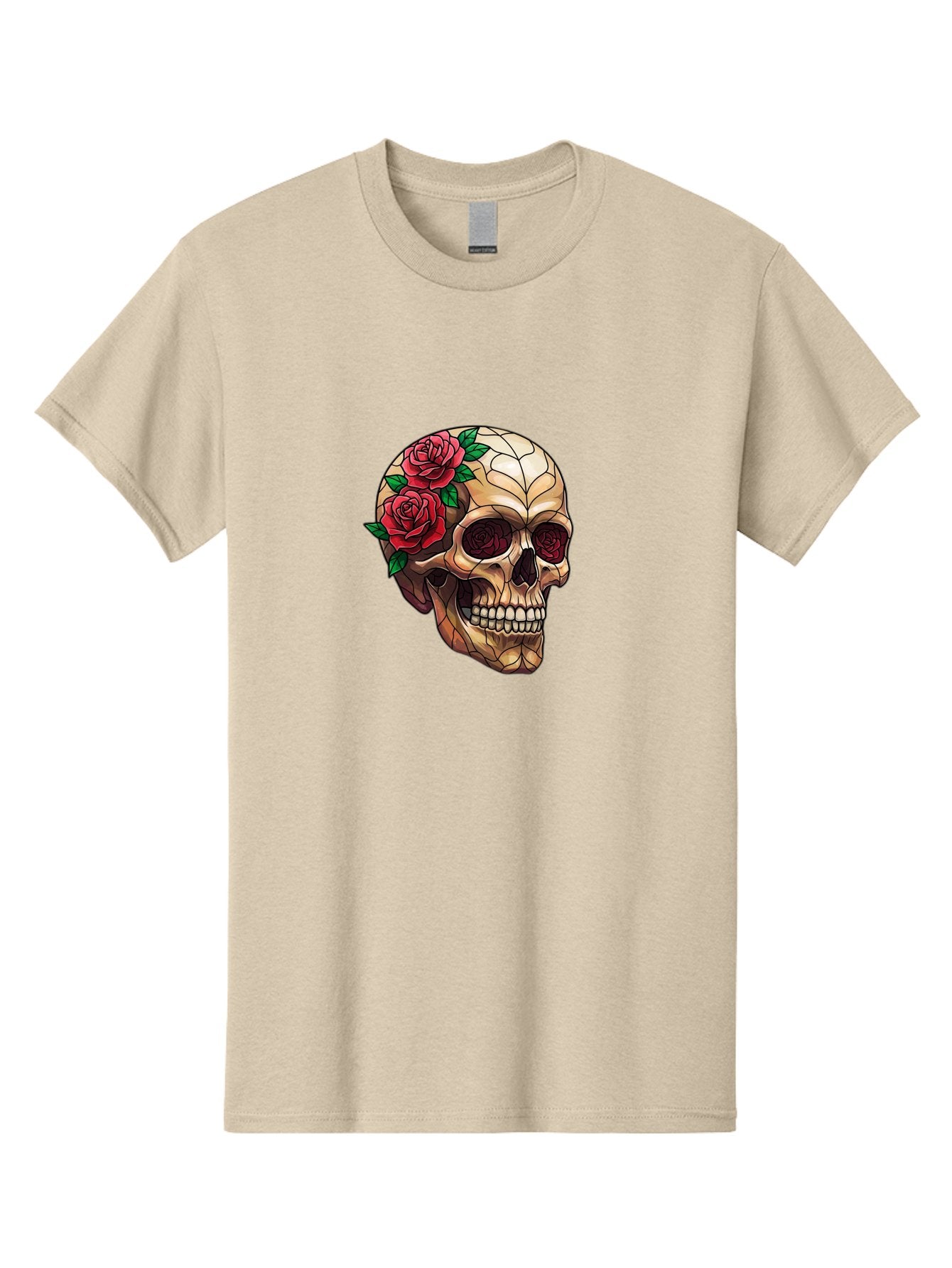 Skull-With-Roses-4 Men'S Graphic Tee, 100% Cotton, Comfortable Casual Summer Wear, Machine Washable, Human Skull, Sugar Skull, Red Roses, Floral Design, Stained Glass Effect, Gothic Style, Tattoo Art, Rose Eyes, Death And Beauty, Floral Skull Bad617 11