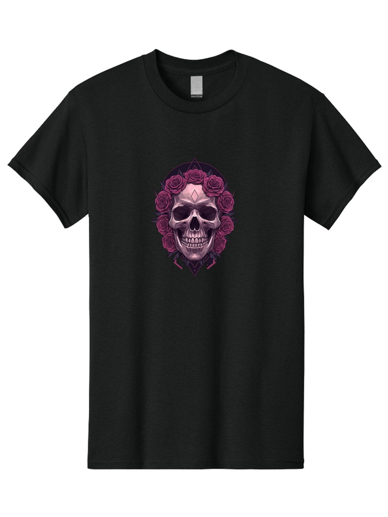 Skull-With-Roses-5 Men'S Graphic Tee, 100% Cotton, Comfortable Casual Summer Wear, Machine Washable, Human Skull, Purple Roses, Diamond-Shaped Gem, Gothic Design, Dark Art, Floral Wreath, Mystical Symbol, Tattoo Art, Grunge Style, Bad618 4