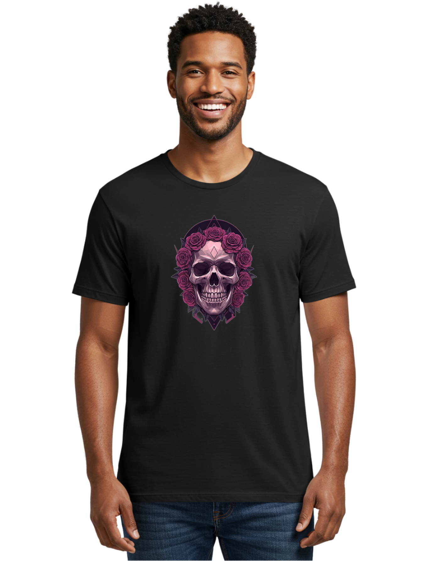 Skull-With-Roses-5 Men'S Graphic Tee, 100% Cotton, Comfortable Casual Summer Wear, Machine Washable, Human Skull, Purple Roses, Diamond-Shaped Gem, Gothic Design, Dark Art, Floral Wreath, Mystical Symbol, Tattoo Art, Grunge Style, Bad618 27