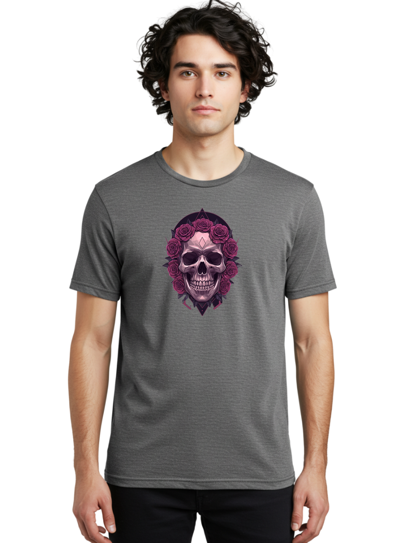 Skull-With-Roses-5 Men'S Graphic Tee, 100% Cotton, Comfortable Casual Summer Wear, Machine Washable, Human Skull, Purple Roses, Diamond-Shaped Gem, Gothic Design, Dark Art, Floral Wreath, Mystical Symbol, Tattoo Art, Grunge Style, Bad618 19