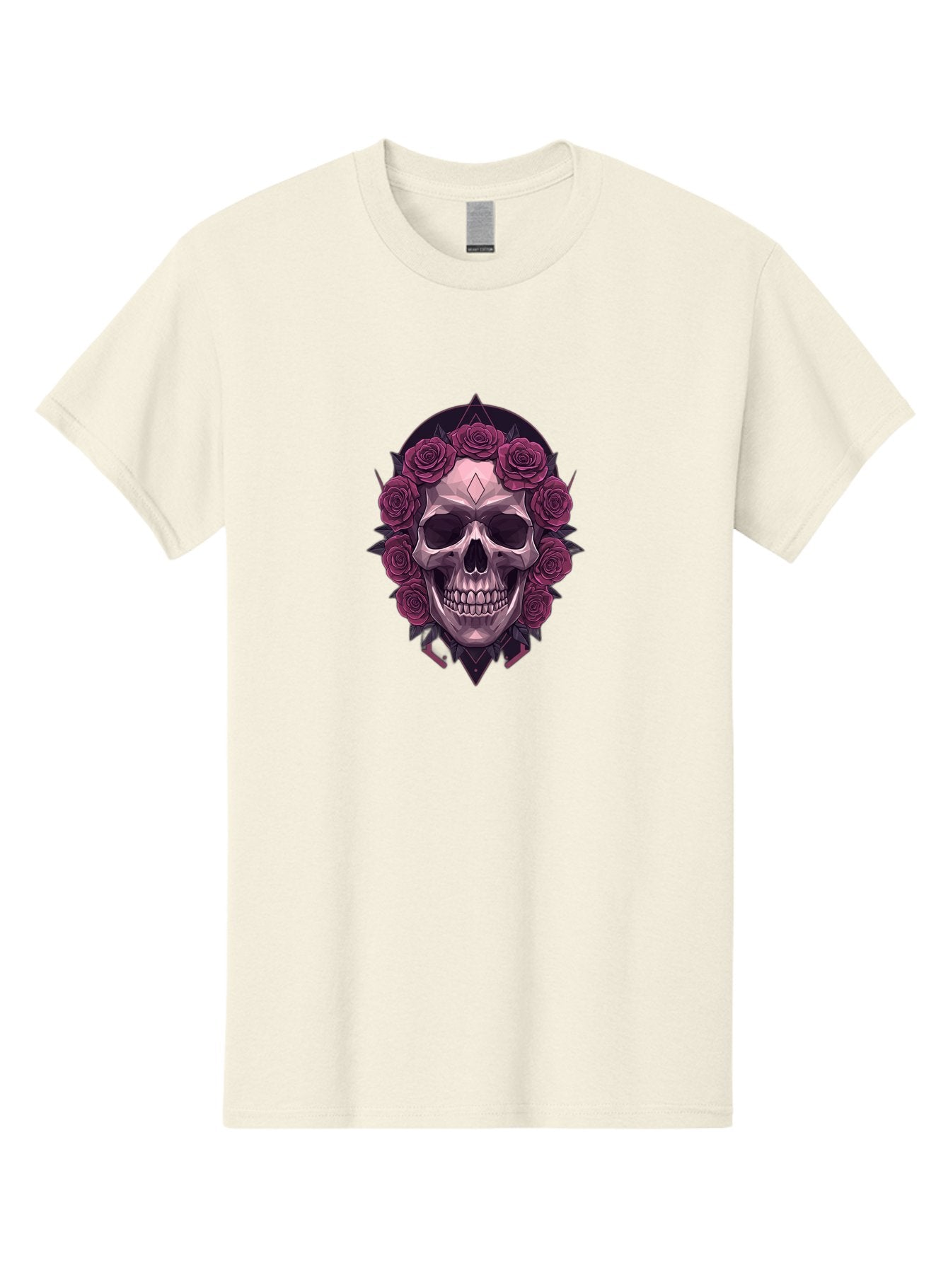 Skull-With-Roses-5 Men'S Graphic Tee, 100% Cotton, Comfortable Casual Summer Wear, Machine Washable, Human Skull, Purple Roses, Diamond-Shaped Gem, Gothic Design, Dark Art, Floral Wreath, Mystical Symbol, Tattoo Art, Grunge Style, Bad618 13