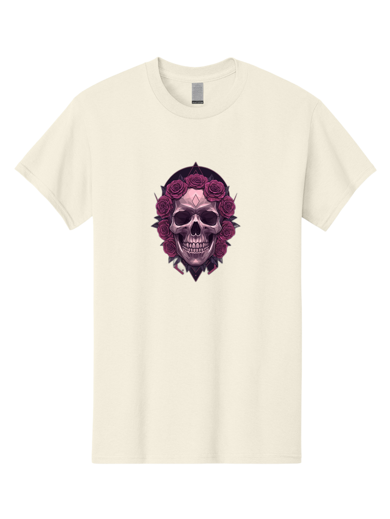 Skull-With-Roses-5 Men'S Graphic Tee, 100% Cotton, Comfortable Casual Summer Wear, Machine Washable, Human Skull, Purple Roses, Diamond-Shaped Gem, Gothic Design, Dark Art, Floral Wreath, Mystical Symbol, Tattoo Art, Grunge Style, Bad618 15