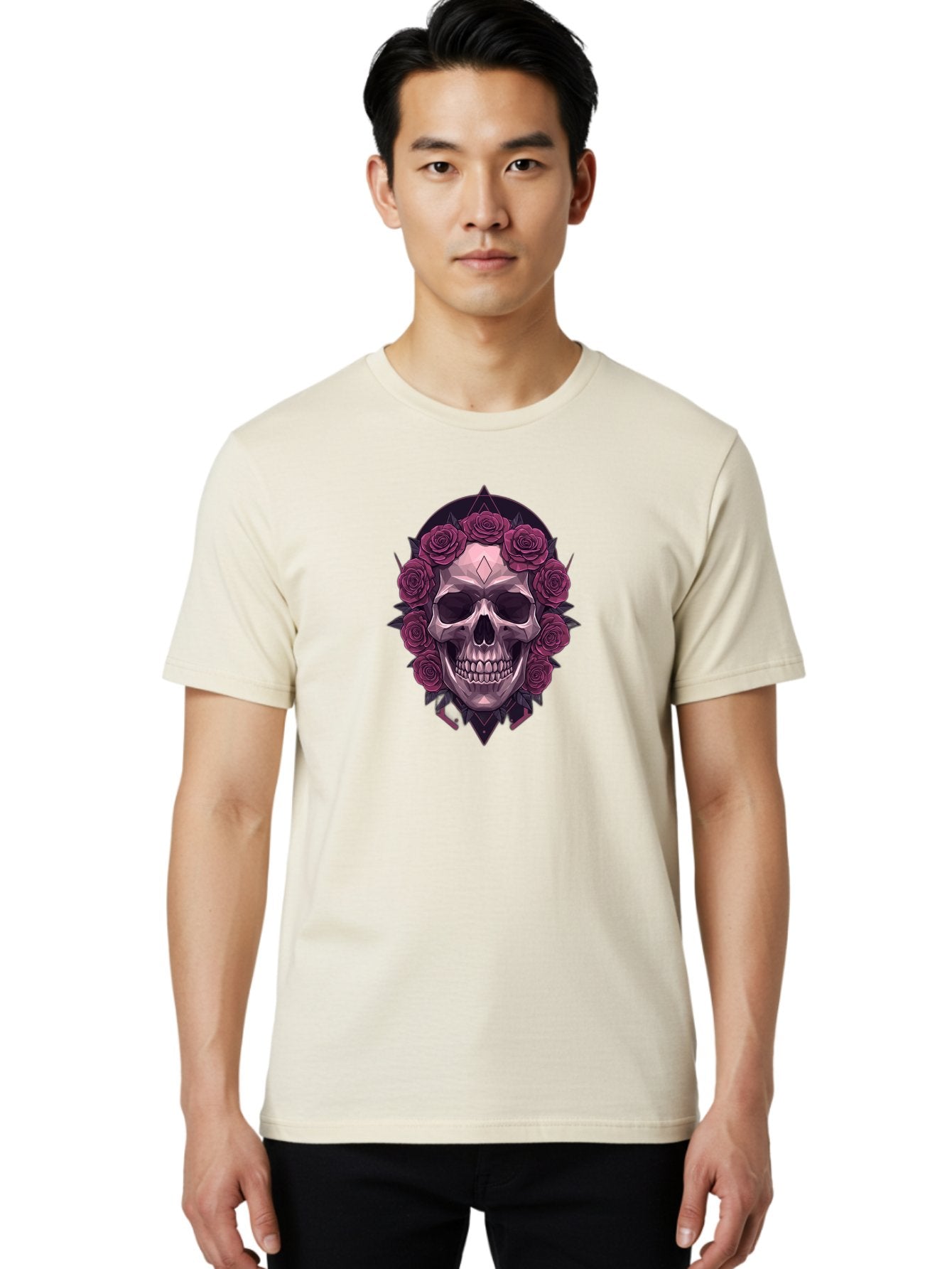 Skull-With-Roses-5 Men'S Graphic Tee, 100% Cotton, Comfortable Casual Summer Wear, Machine Washable, Human Skull, Purple Roses, Diamond-Shaped Gem, Gothic Design, Dark Art, Floral Wreath, Mystical Symbol, Tattoo Art, Grunge Style, Bad618 20