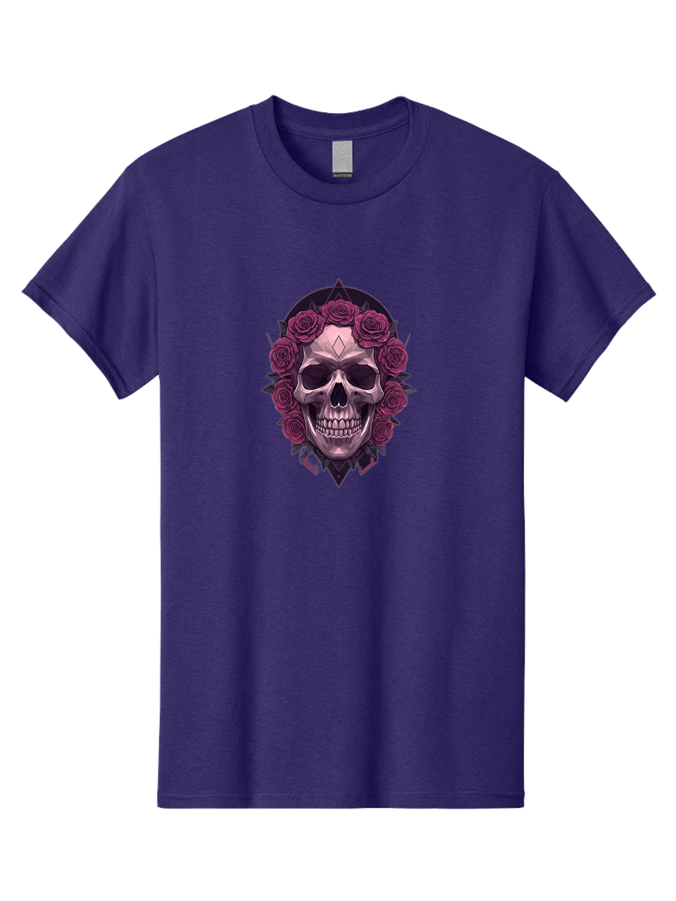Skull-With-Roses-5 Men'S Graphic Tee, 100% Cotton, Comfortable Casual Summer Wear, Machine Washable, Human Skull, Purple Roses, Diamond-Shaped Gem, Gothic Design, Dark Art, Floral Wreath, Mystical Symbol, Tattoo Art, Grunge Style, Bad618 5