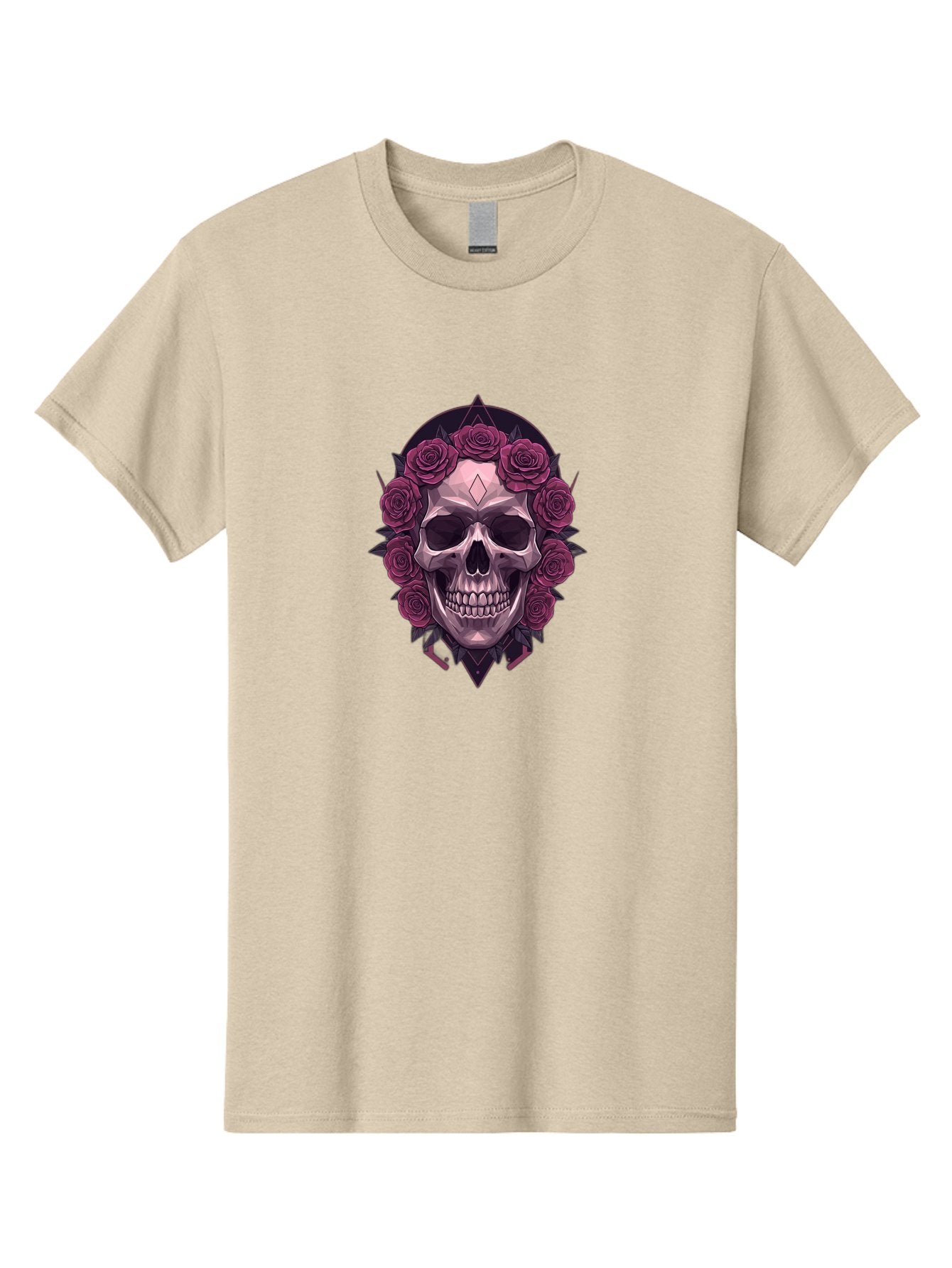 Skull-With-Roses-5 Men'S Graphic Tee, 100% Cotton, Comfortable Casual Summer Wear, Machine Washable, Human Skull, Purple Roses, Diamond-Shaped Gem, Gothic Design, Dark Art, Floral Wreath, Mystical Symbol, Tattoo Art, Grunge Style, Bad618