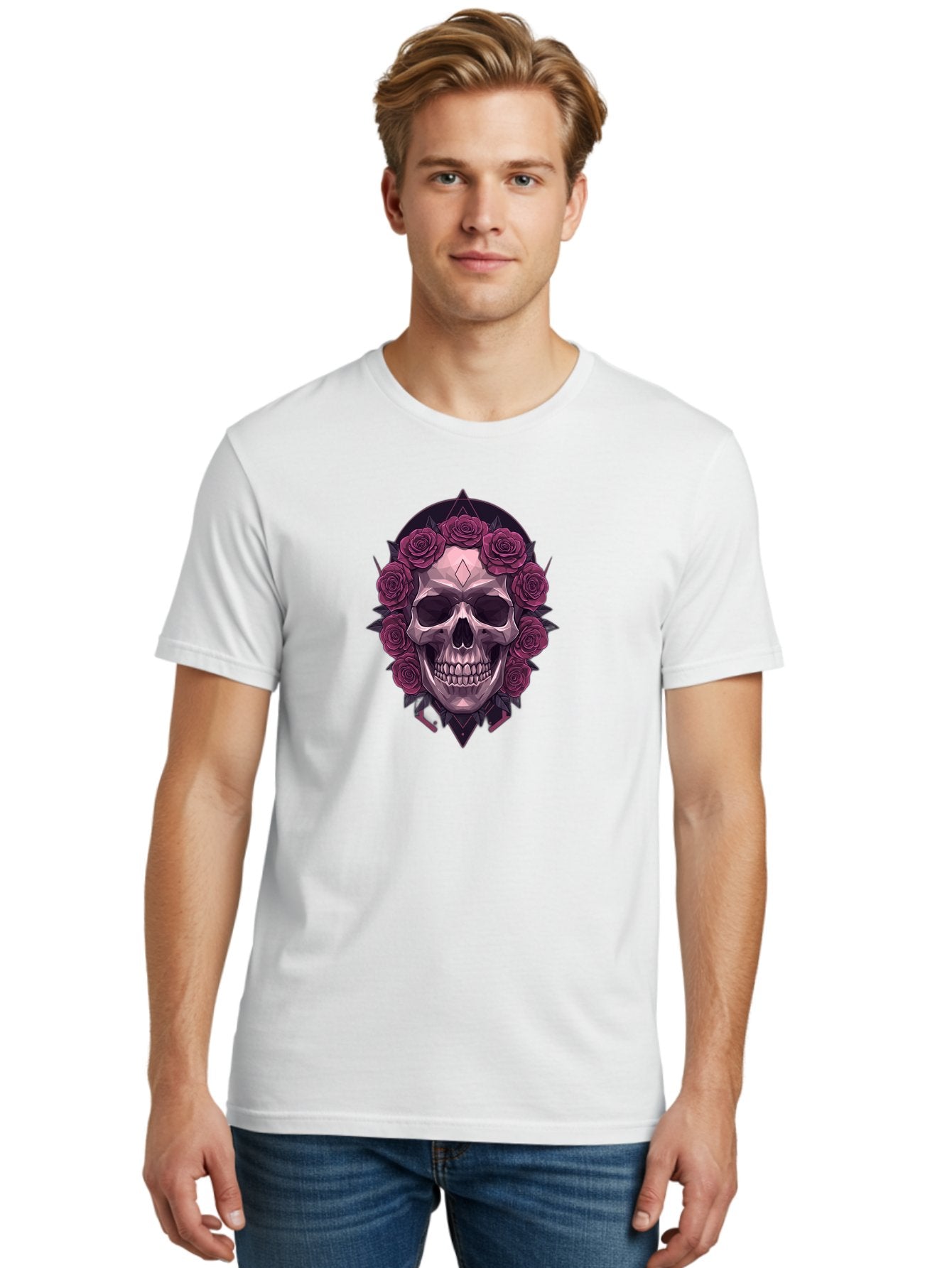 Skull-With-Roses-5 Men'S Graphic Tee, 100% Cotton, Comfortable Casual Summer Wear, Machine Washable, Human Skull, Purple Roses, Diamond-Shaped Gem, Gothic Design, Dark Art, Floral Wreath, Mystical Symbol, Tattoo Art, Grunge Style, Bad618 17