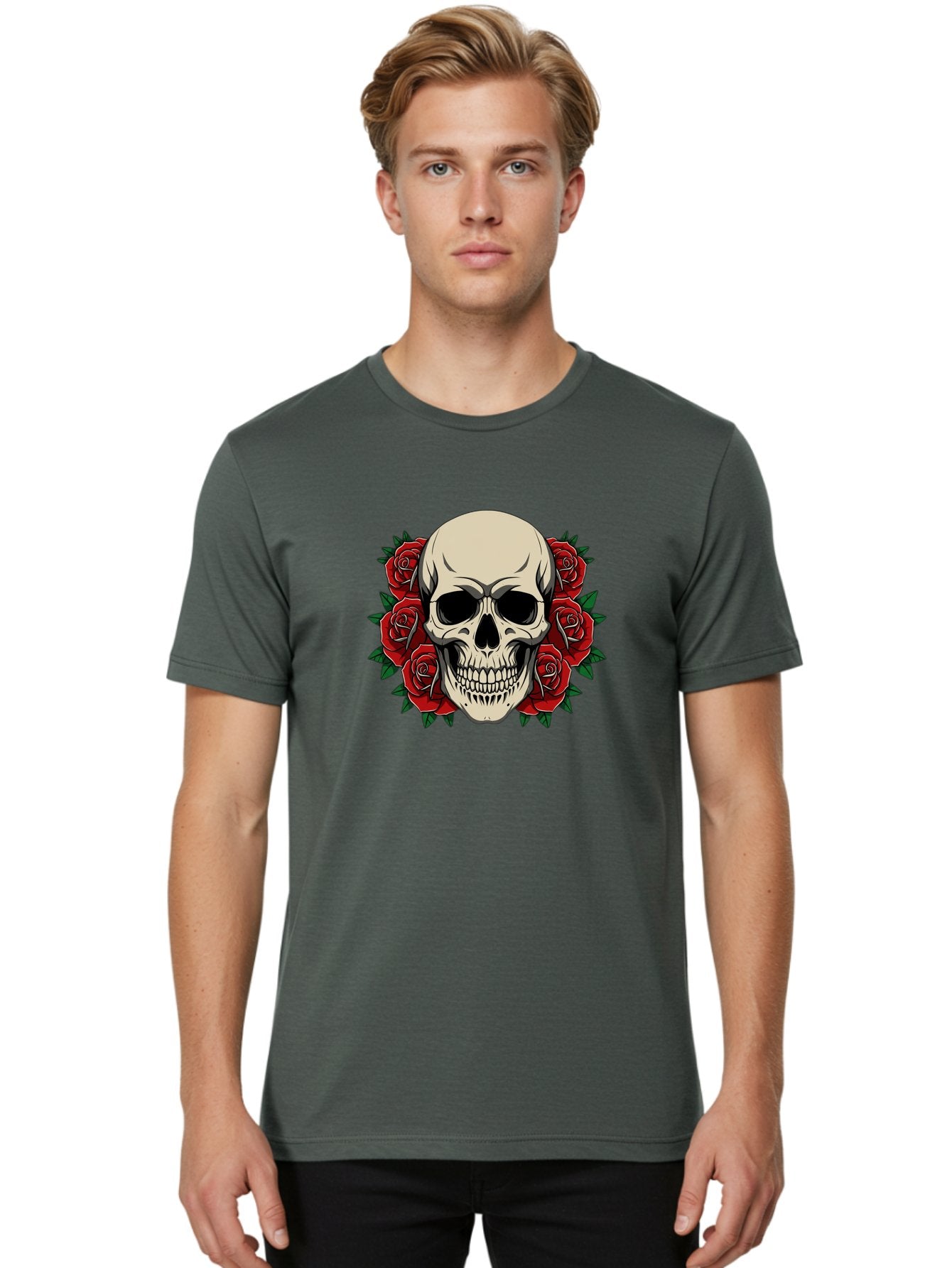 Skull-With-Roses Men'S Graphic Tee, 100% Cotton, Comfortable Casual Summer Wear, Machine Washable, Human Skull, Red Roses, Floral Skull, Gothic Art, Dark Symbolism, Skull Design, Tattoo Art, Gothic Roses Bad619 23