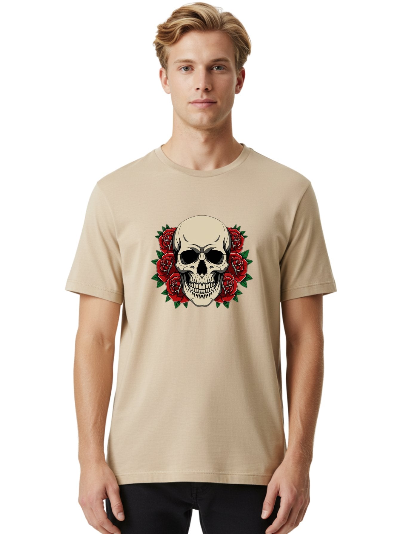 Skull-With-Roses Men'S Graphic Tee, 100% Cotton, Comfortable Casual Summer Wear, Machine Washable, Human Skull, Red Roses, Floral Skull, Gothic Art, Dark Symbolism, Skull Design, Tattoo Art, Gothic Roses Bad619 29