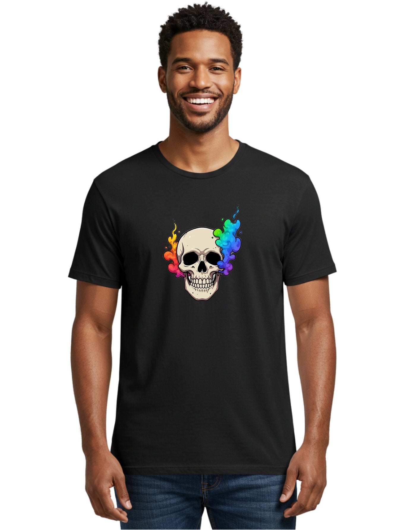 Skull-With-Smoke Men'S Graphic Tee, 100% Cotton, Comfortable Casual Summer Wear, Machine Washable, Cartoon Skull, Rainbow Smoke, Colorful Illustration, Vibrant Art, Edgy Design, Grunge Style, Street Art, Graphic Design, Skull Art, Bad620 25