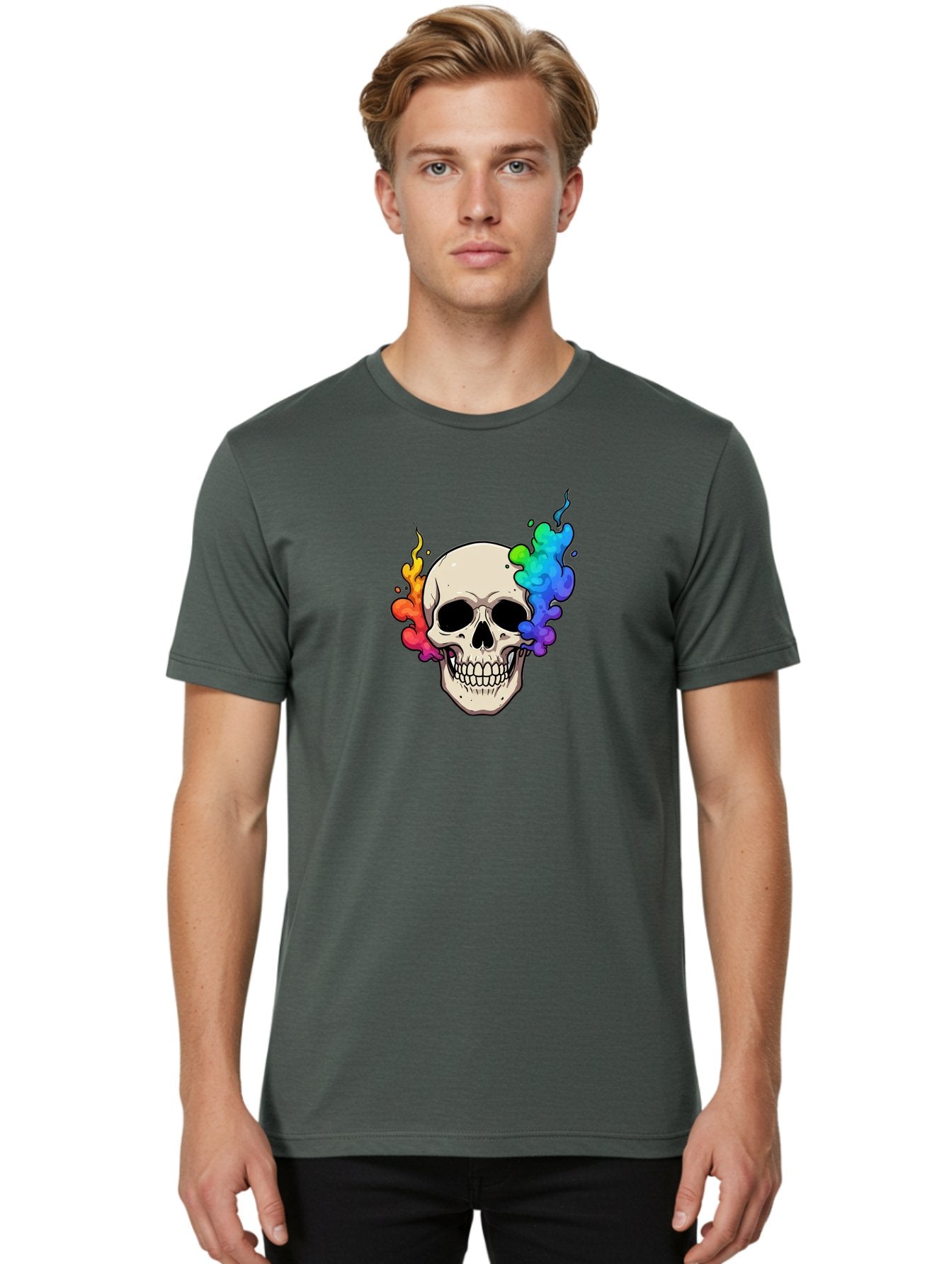 Skull-With-Smoke Men'S Graphic Tee, 100% Cotton, Comfortable Casual Summer Wear, Machine Washable, Cartoon Skull, Rainbow Smoke, Colorful Illustration, Vibrant Art, Edgy Design, Grunge Style, Street Art, Graphic Design, Skull Art, Bad620 29