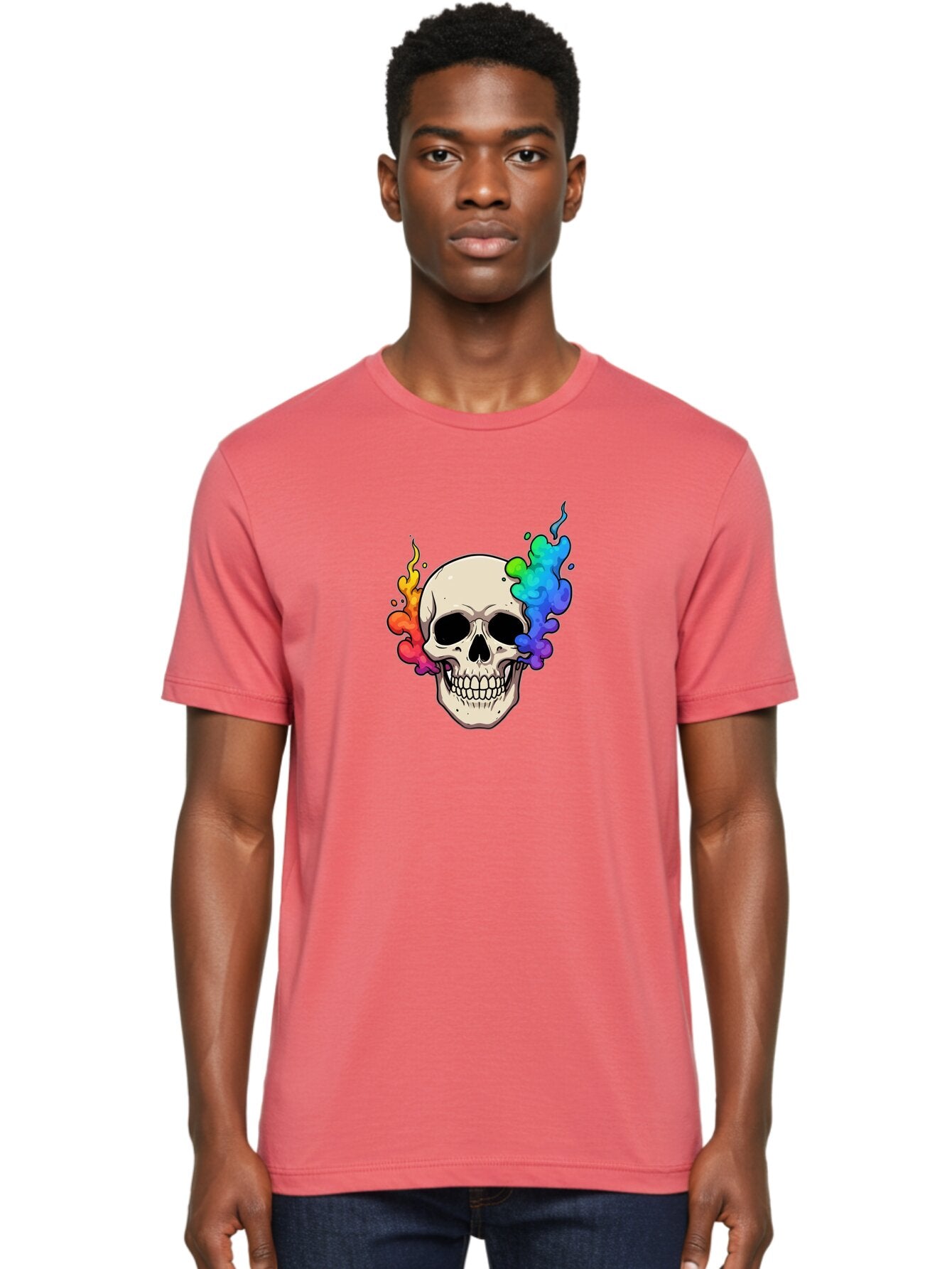 Skull-With-Smoke Men'S Graphic Tee, 100% Cotton, Comfortable Casual Summer Wear, Machine Washable, Cartoon Skull, Rainbow Smoke, Colorful Illustration, Vibrant Art, Edgy Design, Grunge Style, Street Art, Graphic Design, Skull Art, Bad620 16