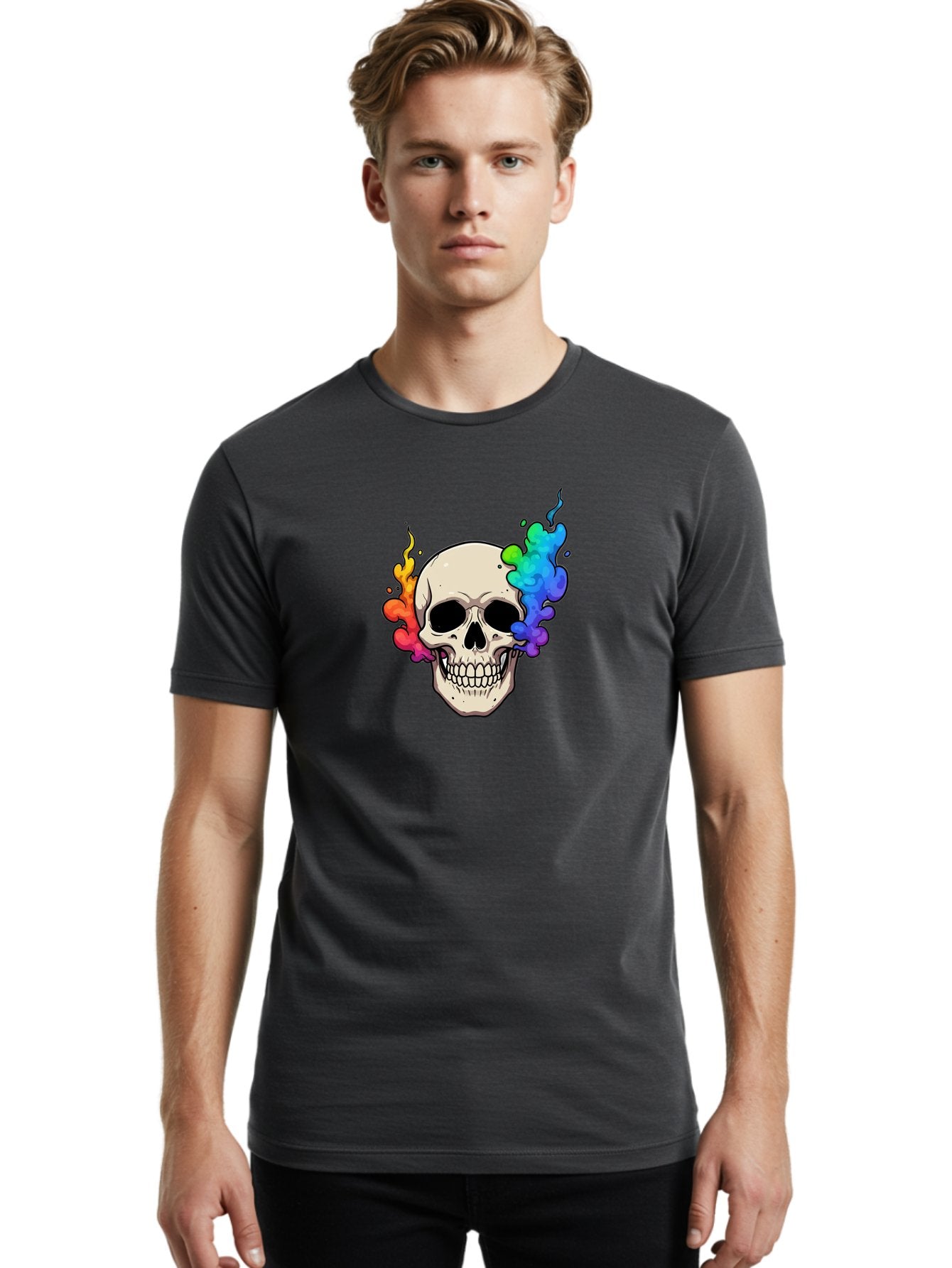 Skull-With-Smoke Men'S Graphic Tee, 100% Cotton, Comfortable Casual Summer Wear, Machine Washable, Cartoon Skull, Rainbow Smoke, Colorful Illustration, Vibrant Art, Edgy Design, Grunge Style, Street Art, Graphic Design, Skull Art, Bad620 23