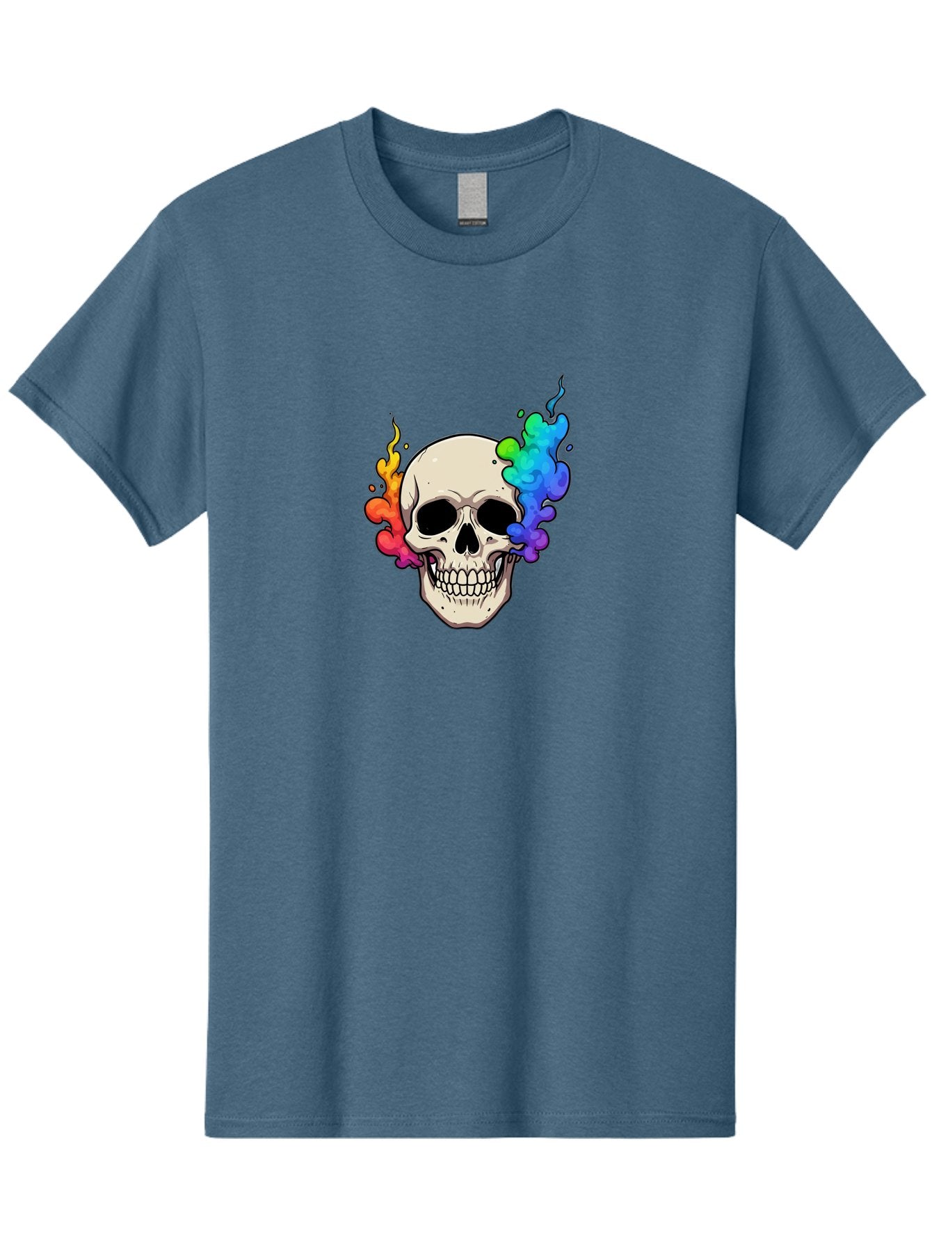 Skull-With-Smoke Men'S Graphic Tee, 100% Cotton, Comfortable Casual Summer Wear, Machine Washable, Cartoon Skull, Rainbow Smoke, Colorful Illustration, Vibrant Art, Edgy Design, Grunge Style, Street Art, Graphic Design, Skull Art, Bad620 4
