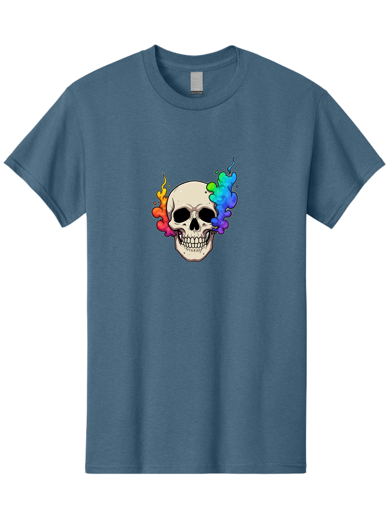 Skull-With-Smoke Men'S Graphic Tee, 100% Cotton, Comfortable Casual Summer Wear, Machine Washable, Cartoon Skull, Rainbow Smoke, Colorful Illustration, Vibrant Art, Edgy Design, Grunge Style, Street Art, Graphic Design, Skull Art, Bad620 12