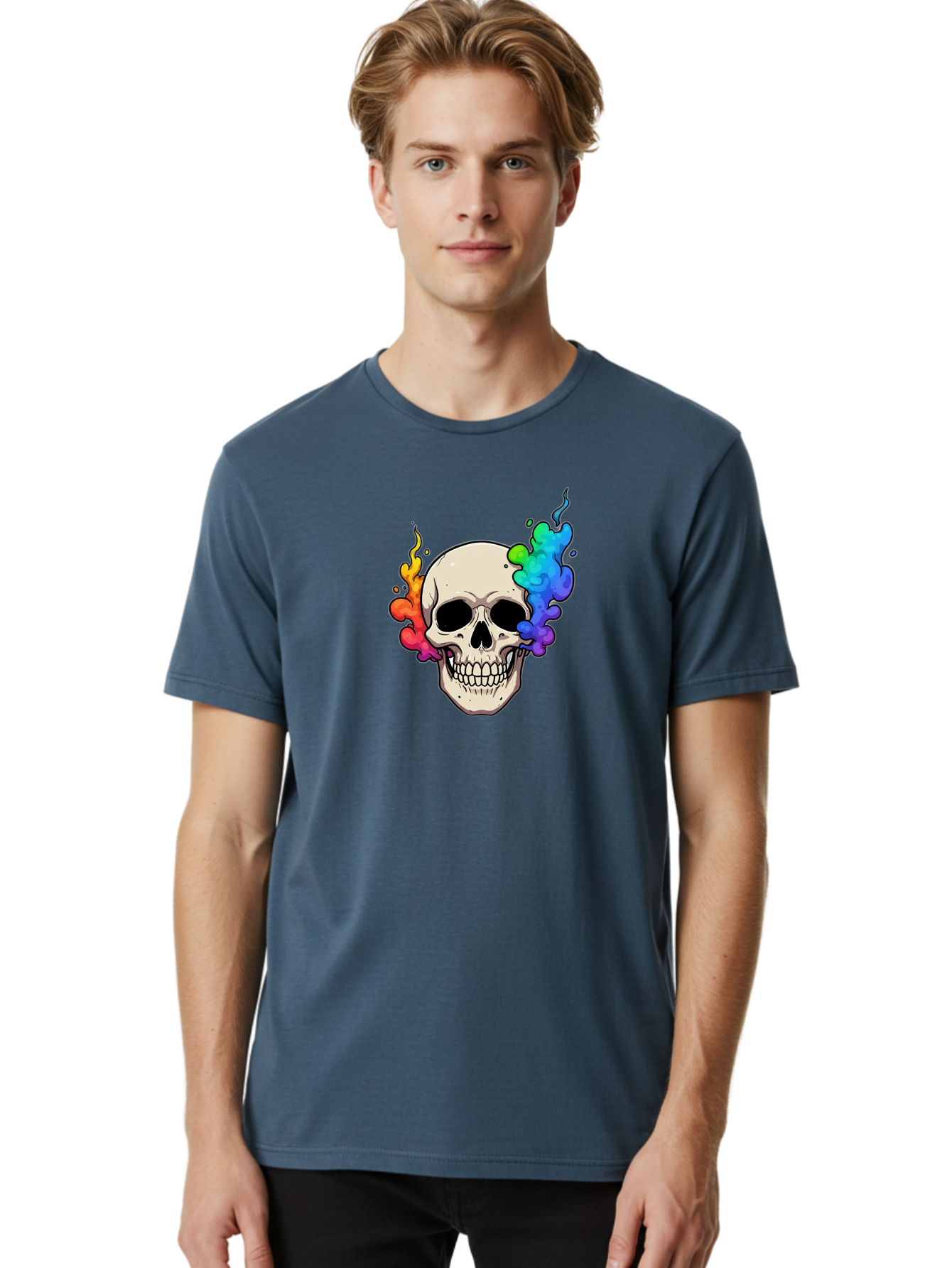 Skull-With-Smoke Men'S Graphic Tee, 100% Cotton, Comfortable Casual Summer Wear, Machine Washable, Cartoon Skull, Rainbow Smoke, Colorful Illustration, Vibrant Art, Edgy Design, Grunge Style, Street Art, Graphic Design, Skull Art, Bad620 27