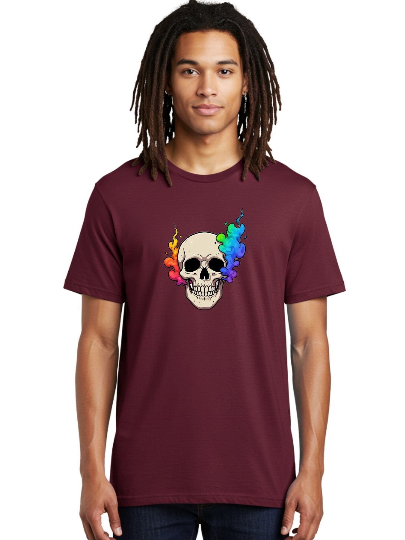 Skull-With-Smoke Men'S Graphic Tee, 100% Cotton, Comfortable Casual Summer Wear, Machine Washable, Cartoon Skull, Rainbow Smoke, Colorful Illustration, Vibrant Art, Edgy Design, Grunge Style, Street Art, Graphic Design, Skull Art, Bad620 17