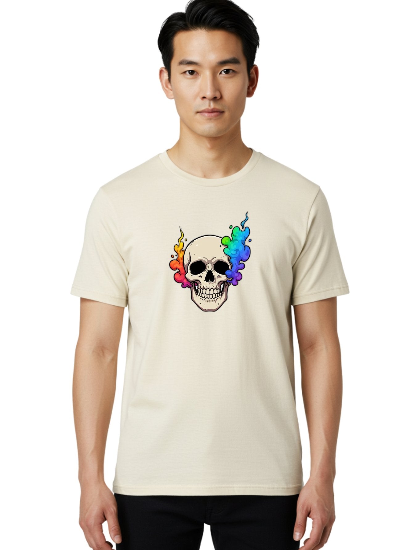 Skull-With-Smoke Men'S Graphic Tee, 100% Cotton, Comfortable Casual Summer Wear, Machine Washable, Cartoon Skull, Rainbow Smoke, Colorful Illustration, Vibrant Art, Edgy Design, Grunge Style, Street Art, Graphic Design, Skull Art, Bad620 30