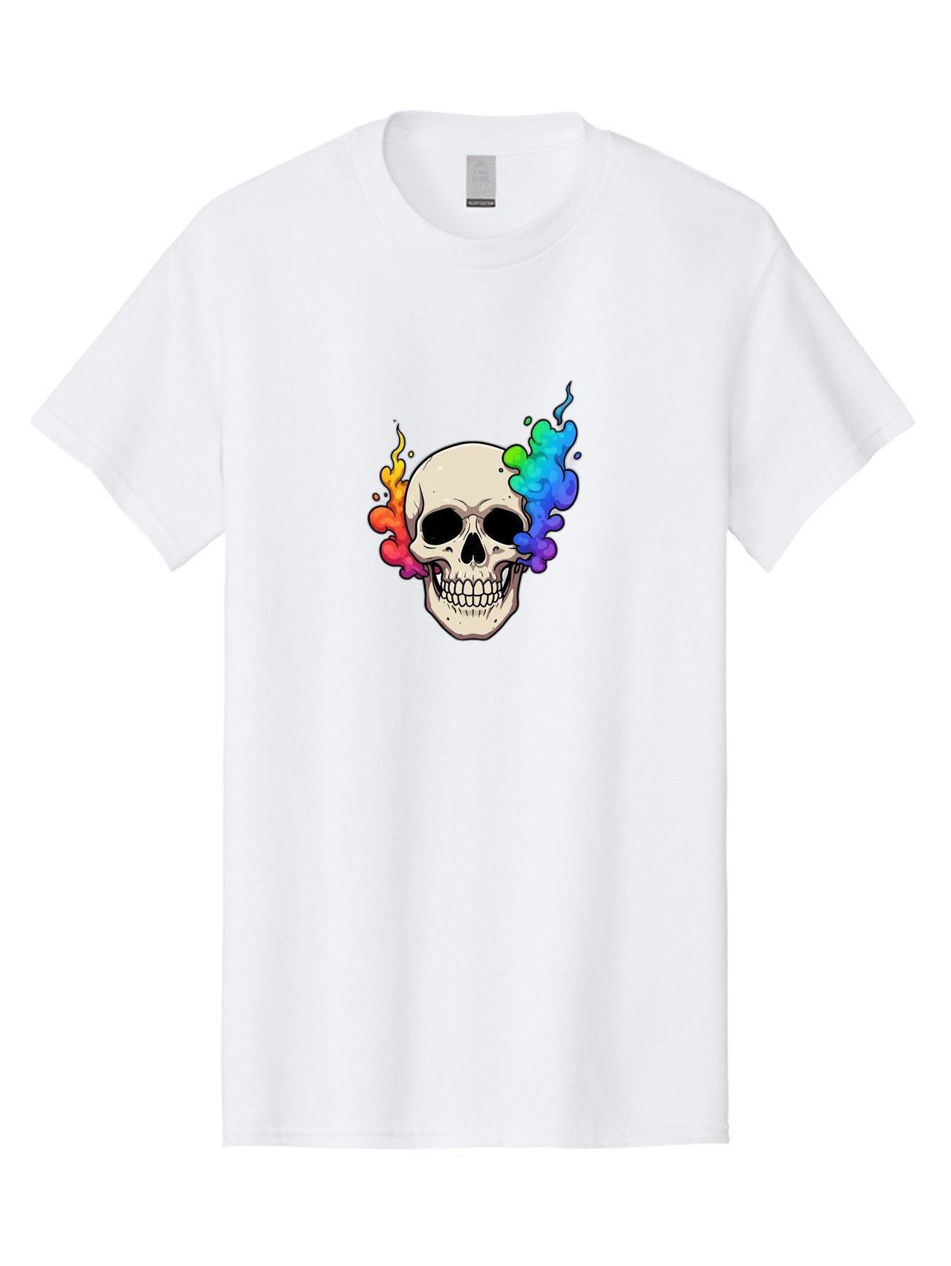 Skull-With-Smoke Men'S Graphic Tee, 100% Cotton, Comfortable Casual Summer Wear, Machine Washable, Cartoon Skull, Rainbow Smoke, Colorful Illustration, Vibrant Art, Edgy Design, Grunge Style, Street Art, Graphic Design, Skull Art, Bad620