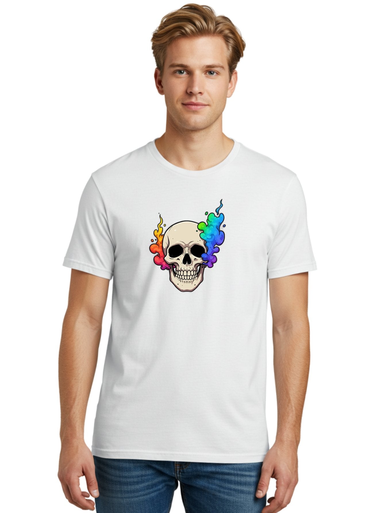Skull-With-Smoke Men'S Graphic Tee, 100% Cotton, Comfortable Casual Summer Wear, Machine Washable, Cartoon Skull, Rainbow Smoke, Colorful Illustration, Vibrant Art, Edgy Design, Grunge Style, Street Art, Graphic Design, Skull Art, Bad620 19