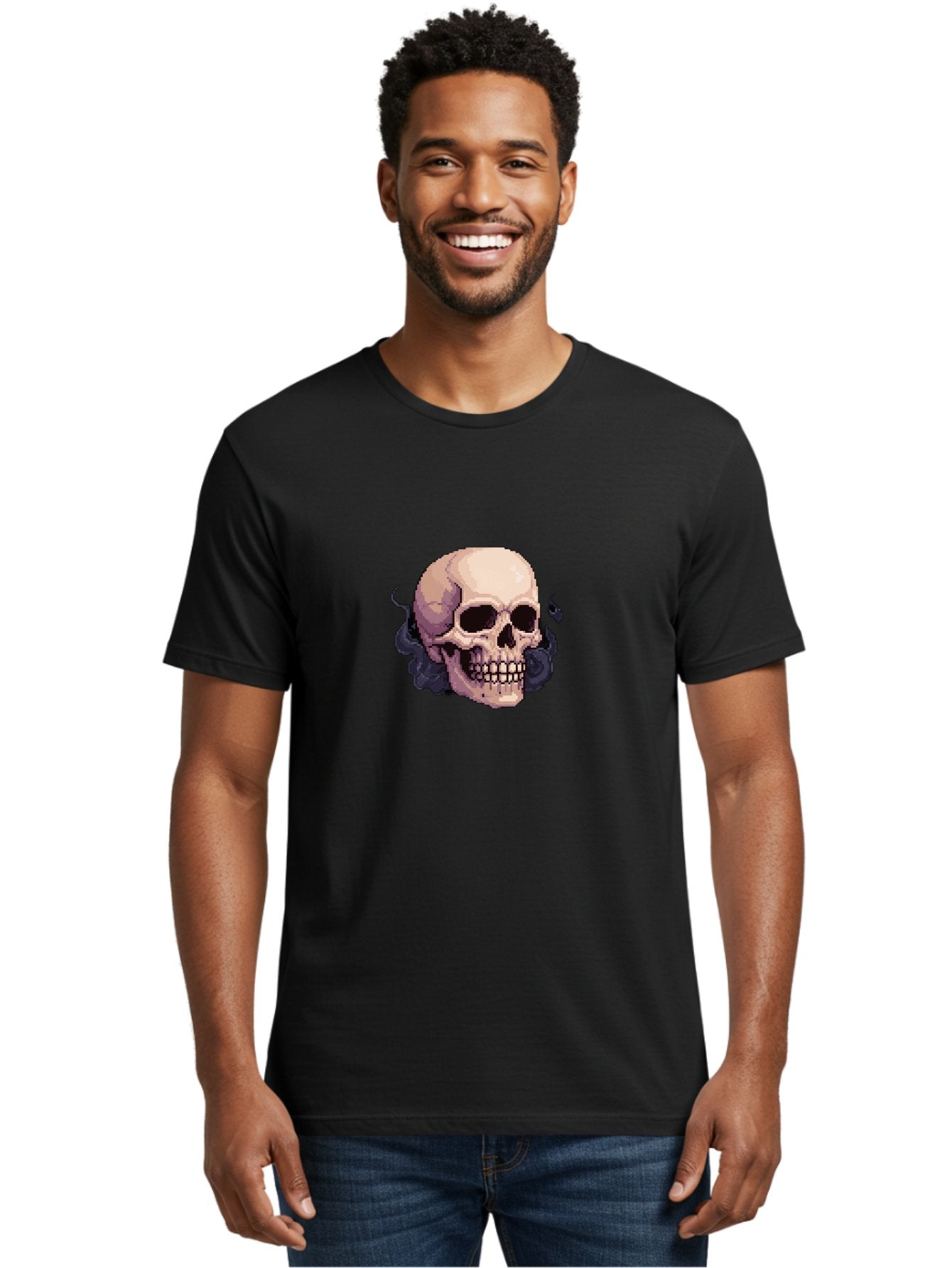 Skull-With-Tentacles Men'S Graphic Tee, 100% Cotton, Comfortable Casual Summer Wear, Machine Washable, Pixel Art Skull, Human Skull, Smoke Effects, Dark Magic, Mysterious, Gothic Style, Spooky Atmosphere, Eerie, Halloween Theme Bad621 23