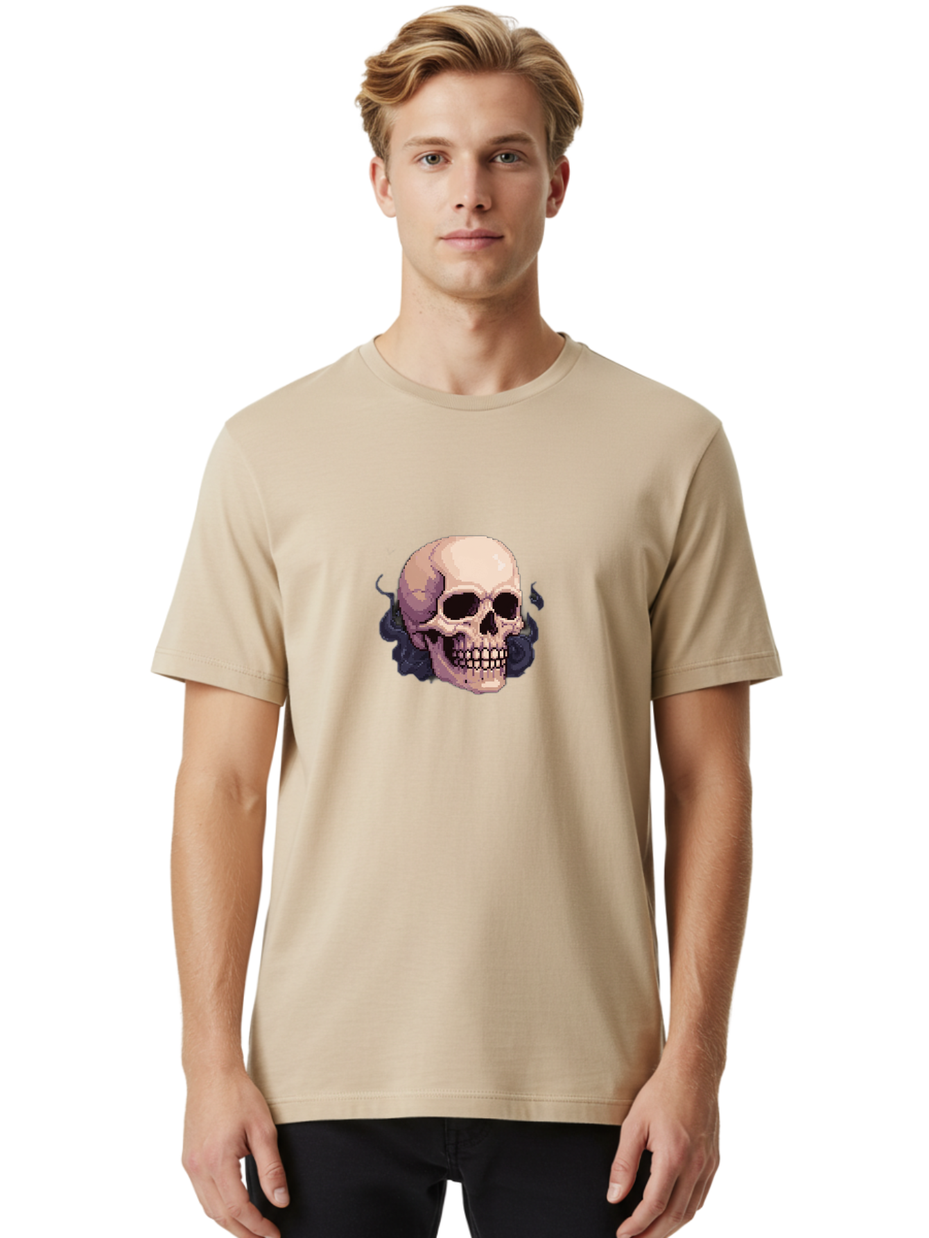 Skull-With-Tentacles Men'S Graphic Tee, 100% Cotton, Comfortable Casual Summer Wear, Machine Washable, Pixel Art Skull, Human Skull, Smoke Effects, Dark Magic, Mysterious, Gothic Style, Spooky Atmosphere, Eerie, Halloween Theme Bad621 19