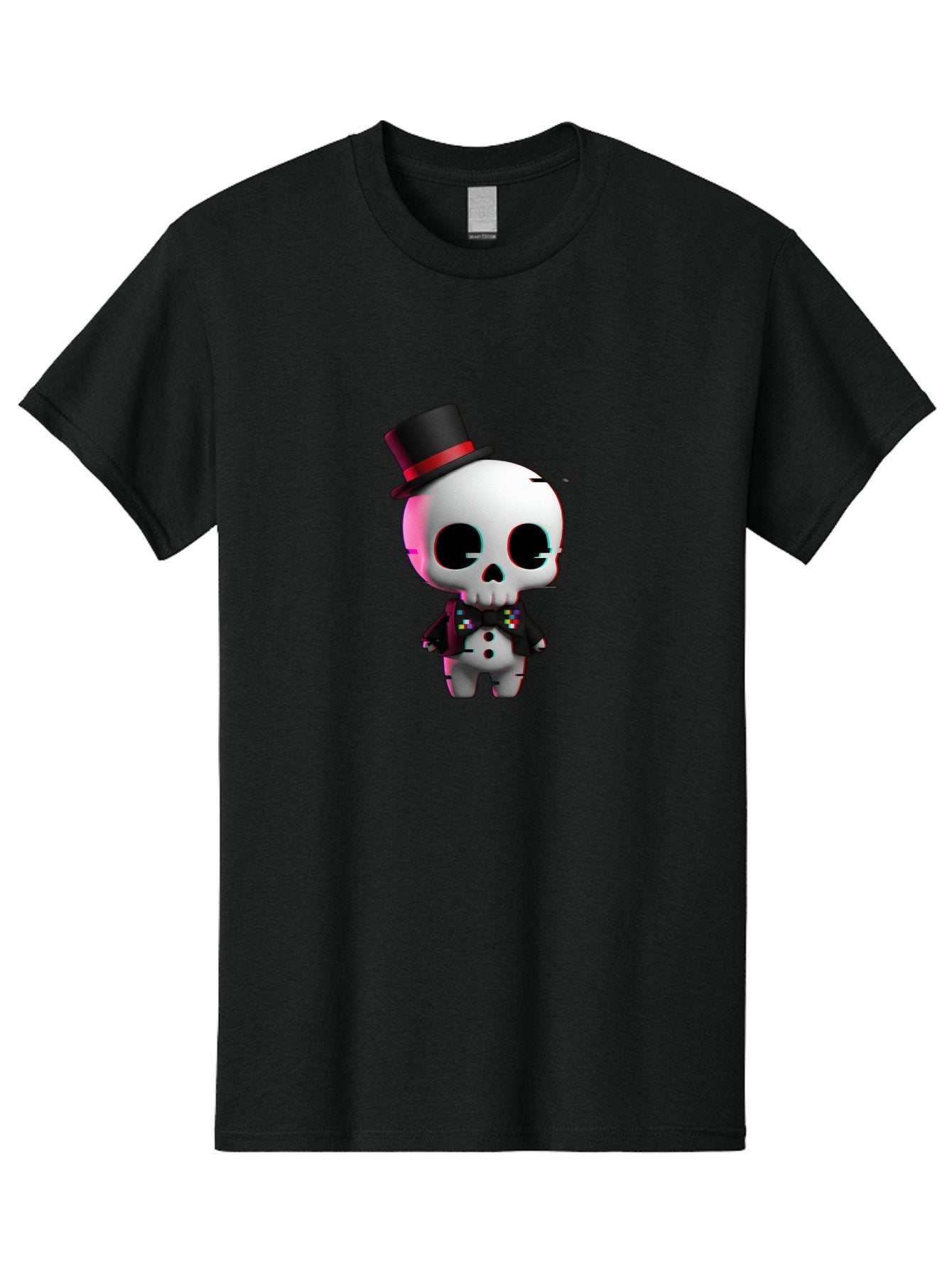 Skull-With-Top-Hat-And-Bow-Tie-1 Men'S Graphic Tee, 100% Cotton, Comfortable Casual Summer Wear, Machine Washable, 3D Rendered Skull, Top Hat And Bow Tie, Gothic Style, Digital Art, Skeleton Character, Colorful Bow Tie, Black Hat, Spooky Chic, Bad623 15