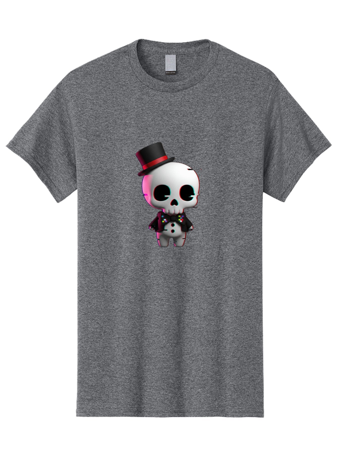 Skull-With-Top-Hat-And-Bow-Tie-1 Men'S Graphic Tee, 100% Cotton, Comfortable Casual Summer Wear, Machine Washable, 3D Rendered Skull, Top Hat And Bow Tie, Gothic Style, Digital Art, Skeleton Character, Colorful Bow Tie, Black Hat, Spooky Chic, Bad623 3