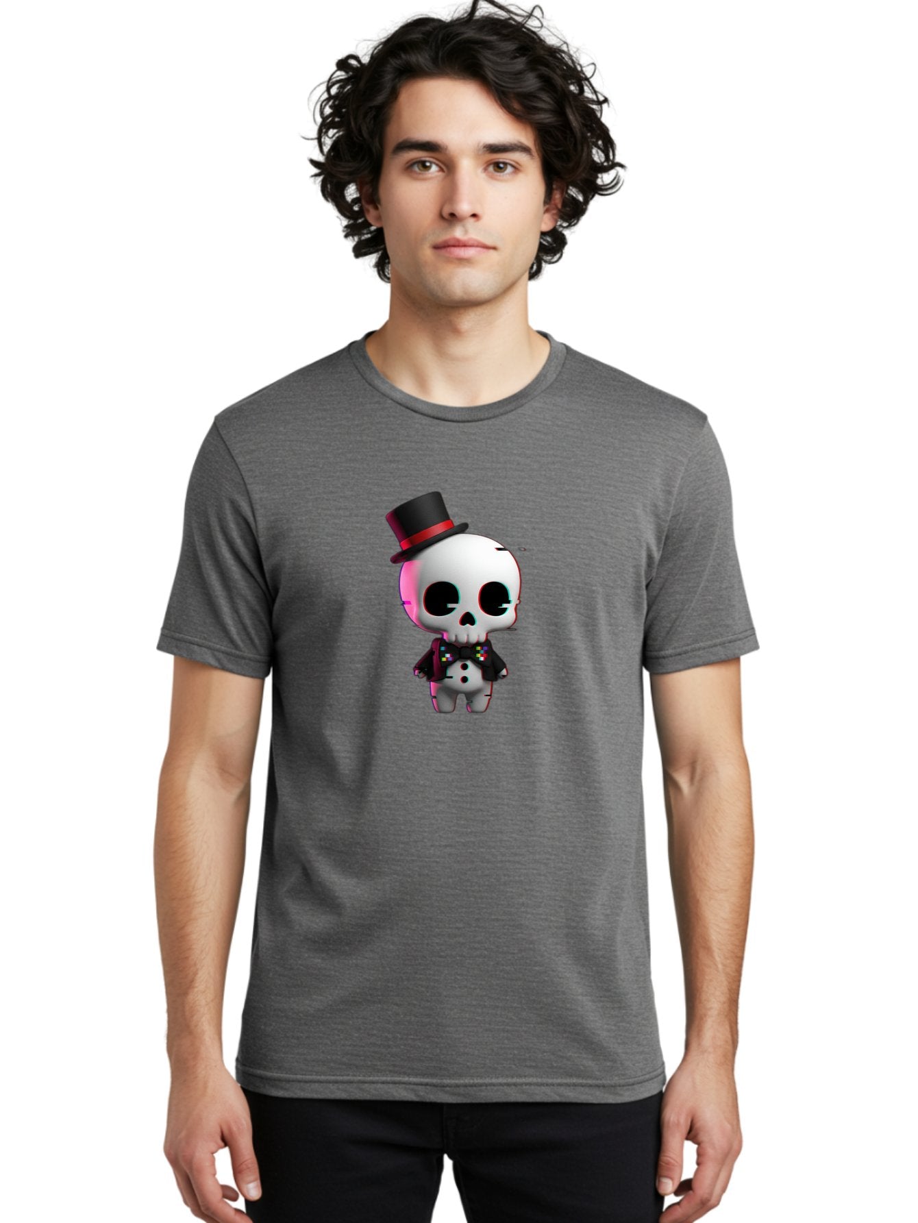 Skull-With-Top-Hat-And-Bow-Tie-1 Men'S Graphic Tee, 100% Cotton, Comfortable Casual Summer Wear, Machine Washable, 3D Rendered Skull, Top Hat And Bow Tie, Gothic Style, Digital Art, Skeleton Character, Colorful Bow Tie, Black Hat, Spooky Chic, Bad623 22