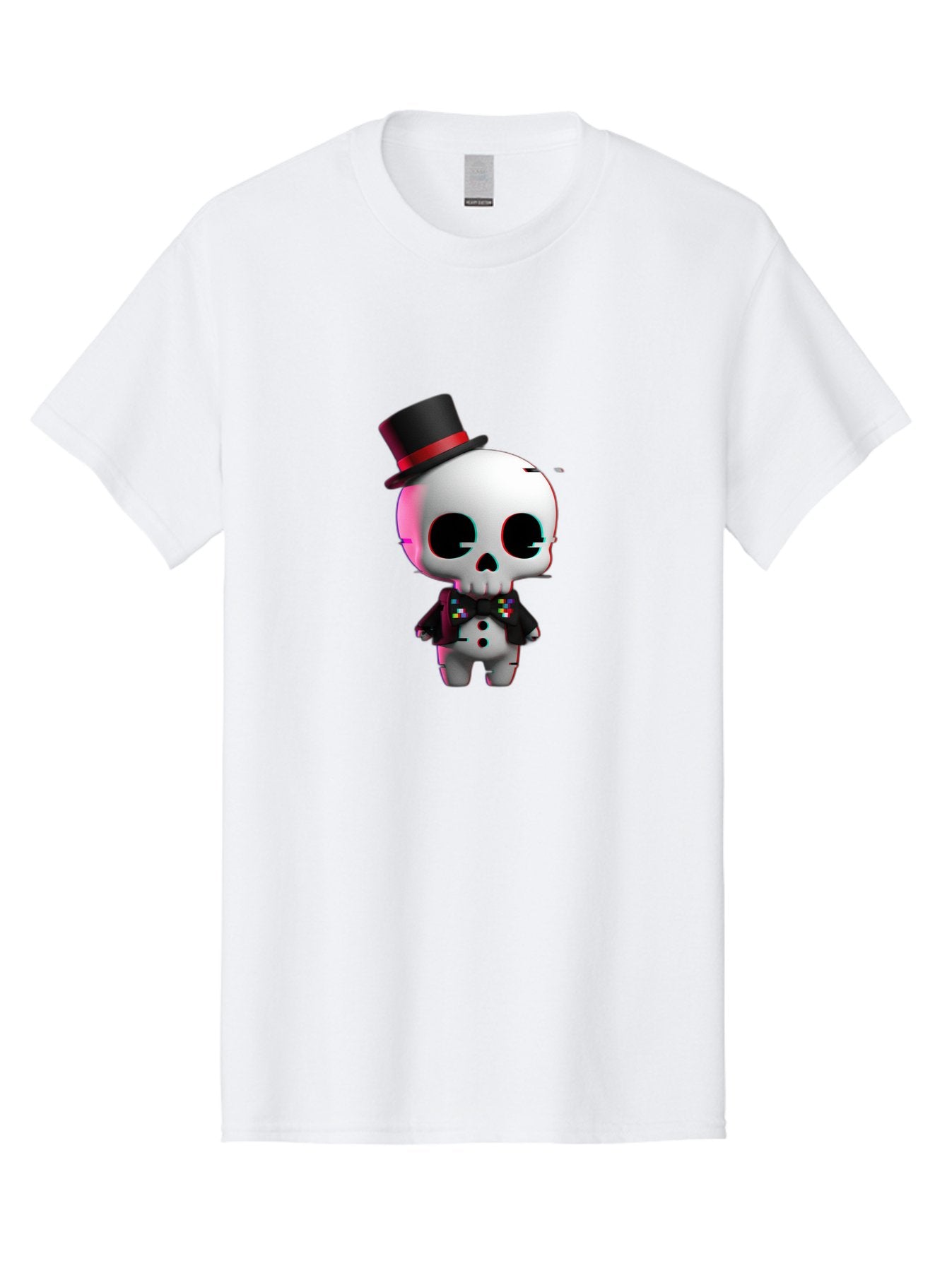 Skull-With-Top-Hat-And-Bow-Tie-1 Men'S Graphic Tee, 100% Cotton, Comfortable Casual Summer Wear, Machine Washable, 3D Rendered Skull, Top Hat And Bow Tie, Gothic Style, Digital Art, Skeleton Character, Colorful Bow Tie, Black Hat, Spooky Chic, Bad623 5